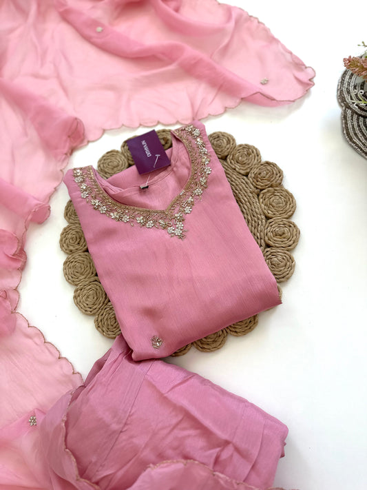 K075 - Chinnon Handwork straight short kurti with sharara and dupatta.