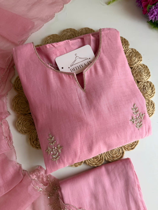 K639 - Mul chanderi handwork aline Kurti with pants and dupatta