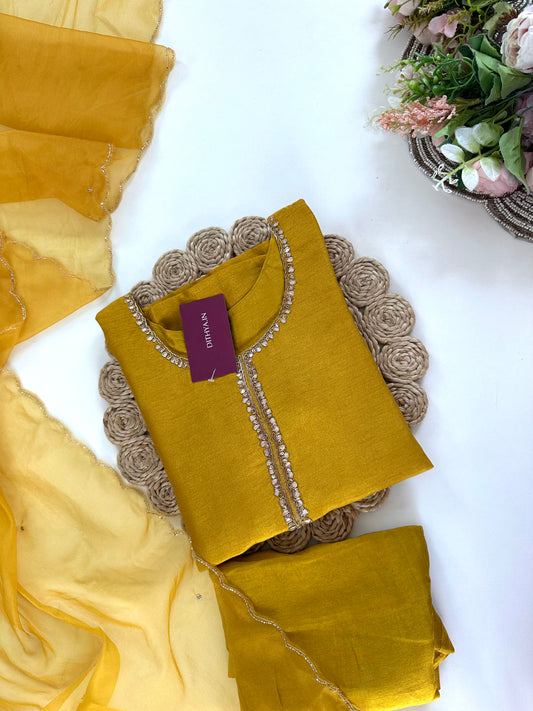 K271 - Russian silk Gota work Straight kurti with pants and dupatta
