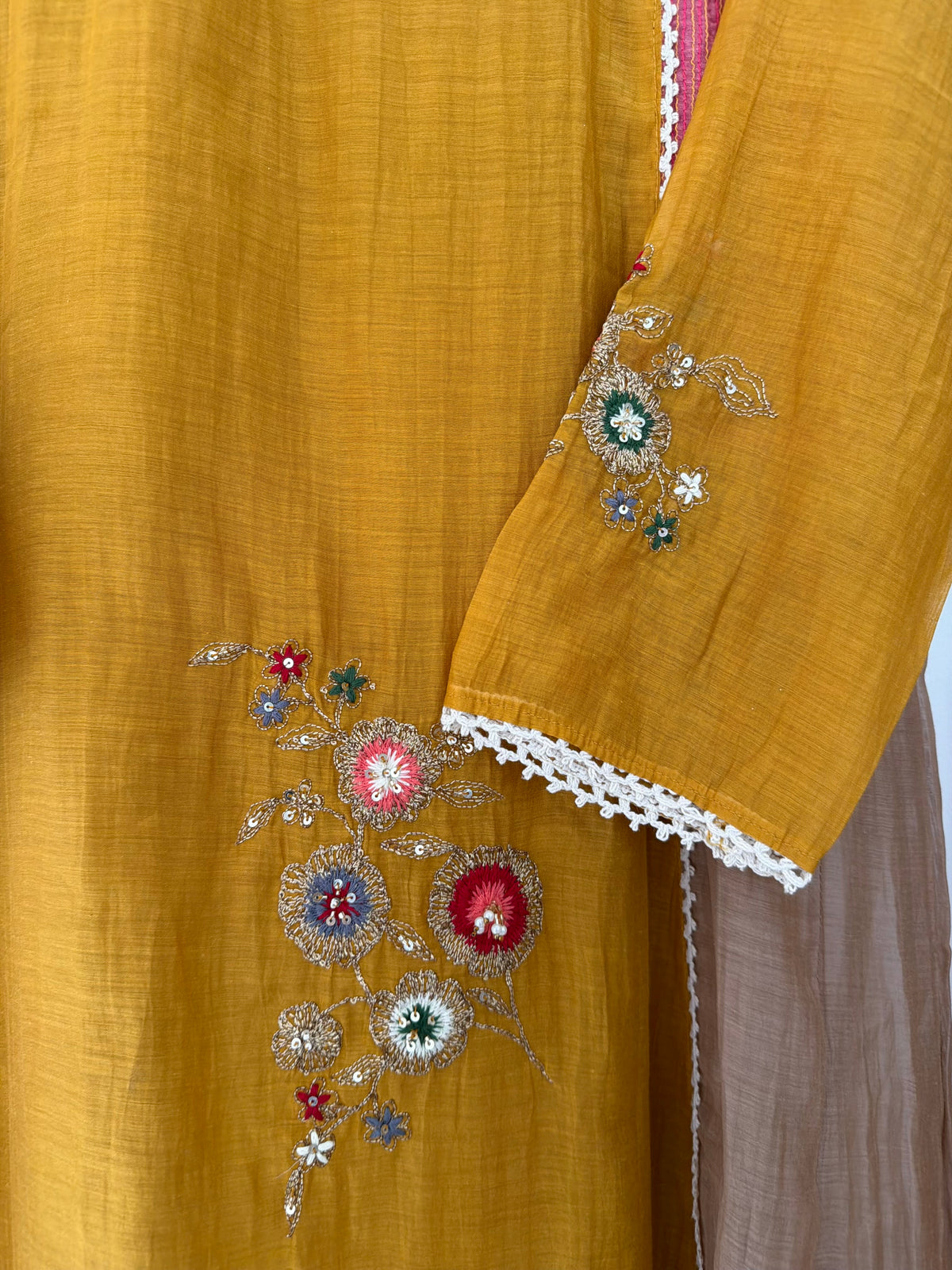 K107 - Mul chanderi floral embroidered Anarkali with pants and dupatta