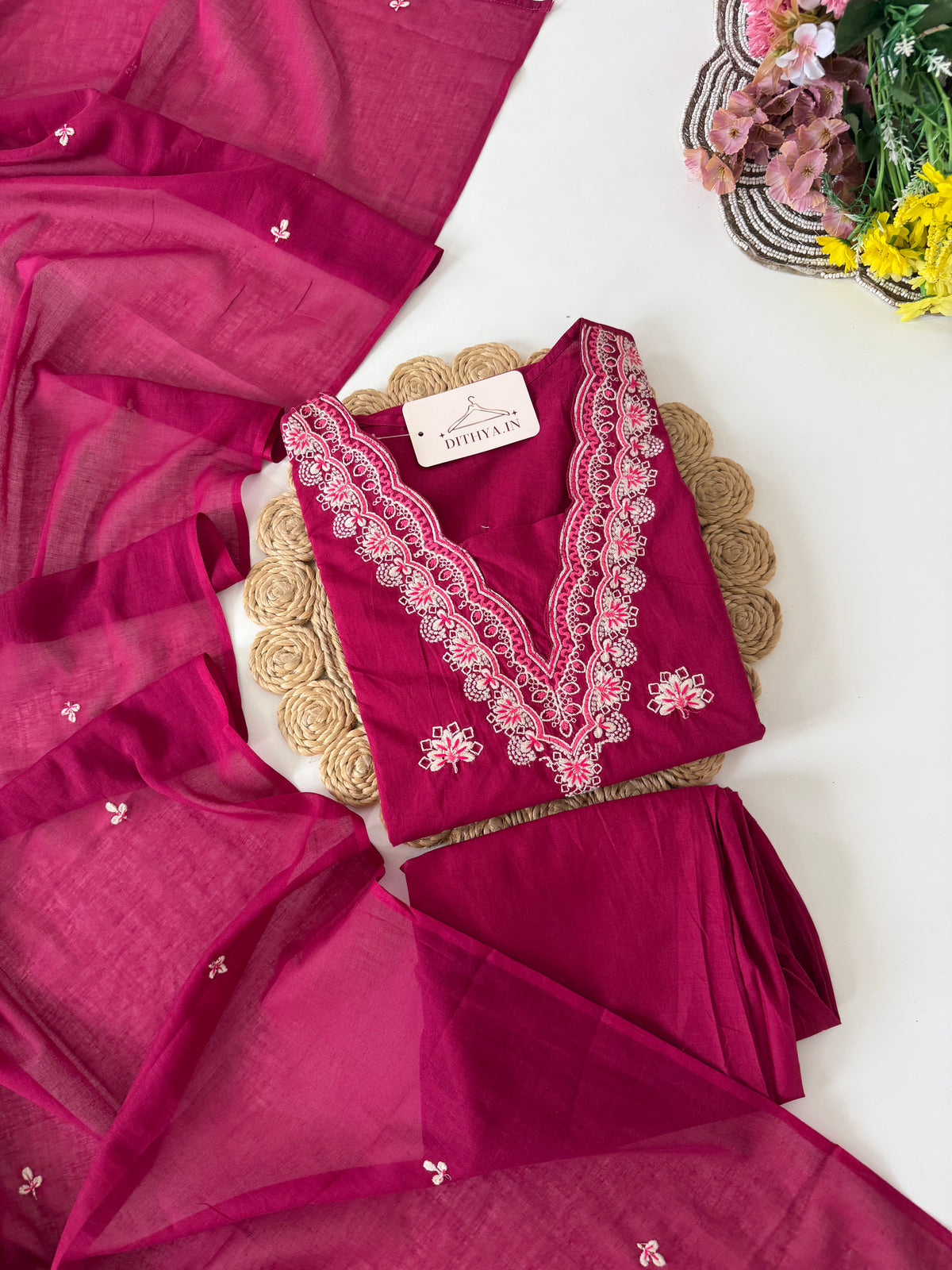K434 - Mul cotton embroidered Aline Kurti with pants and dupatta