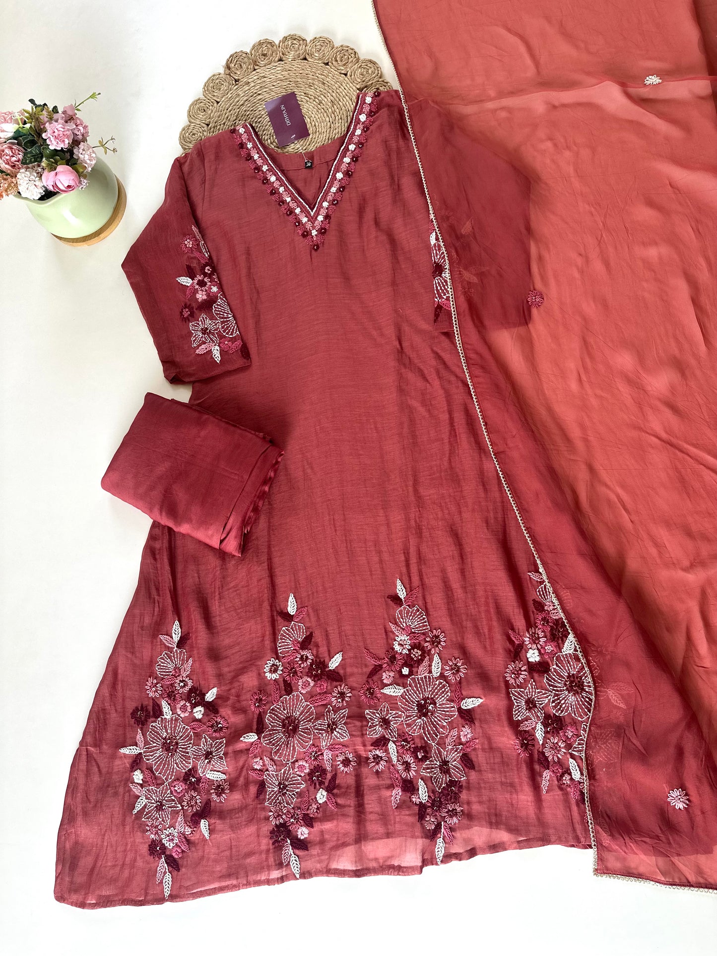 K116 - Mul Chanderi Threadwork Anarkali with pants and dupatta .