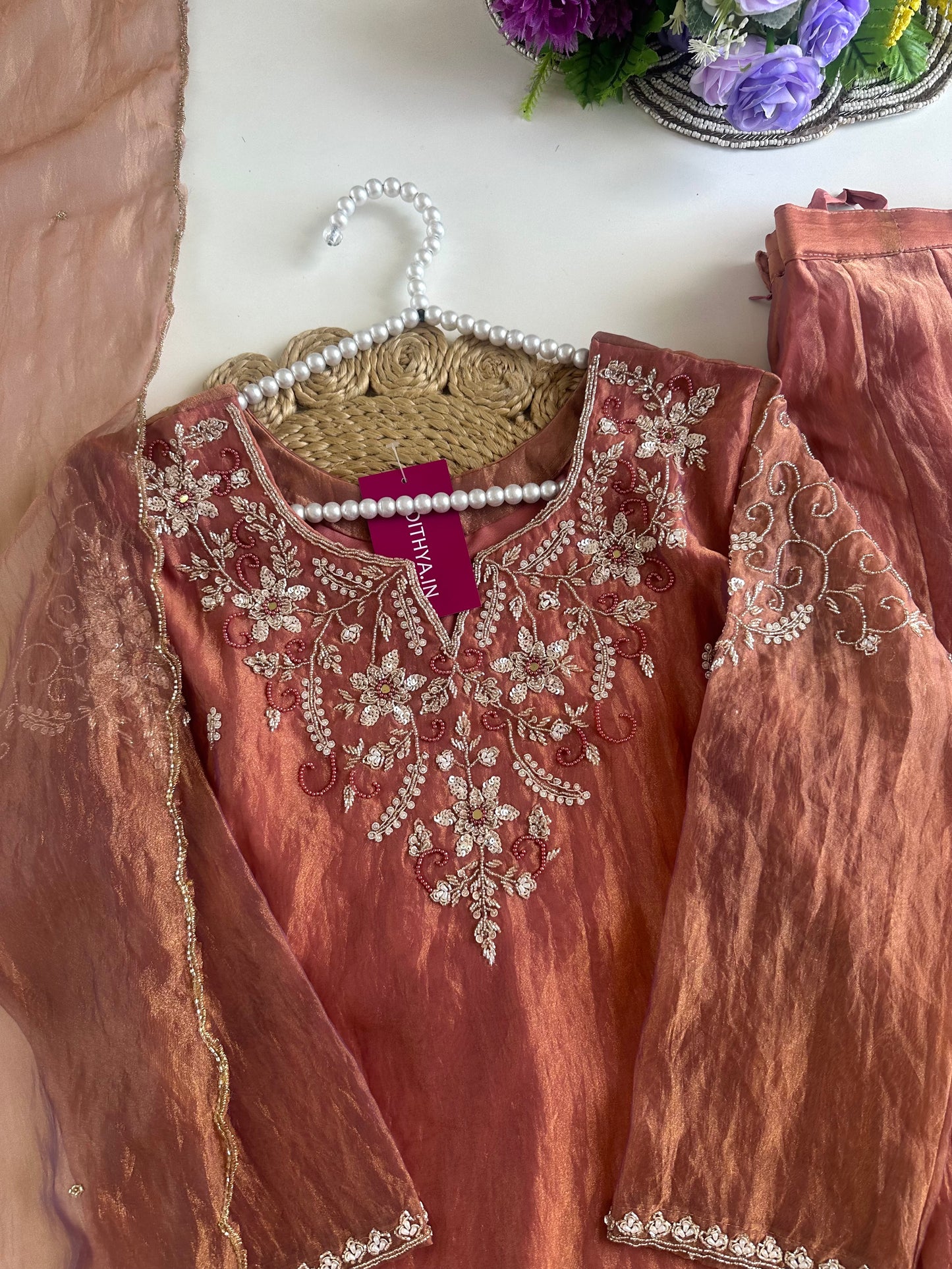 K180 - Tissue silk handwork short Kurti with palazzo and dupatta