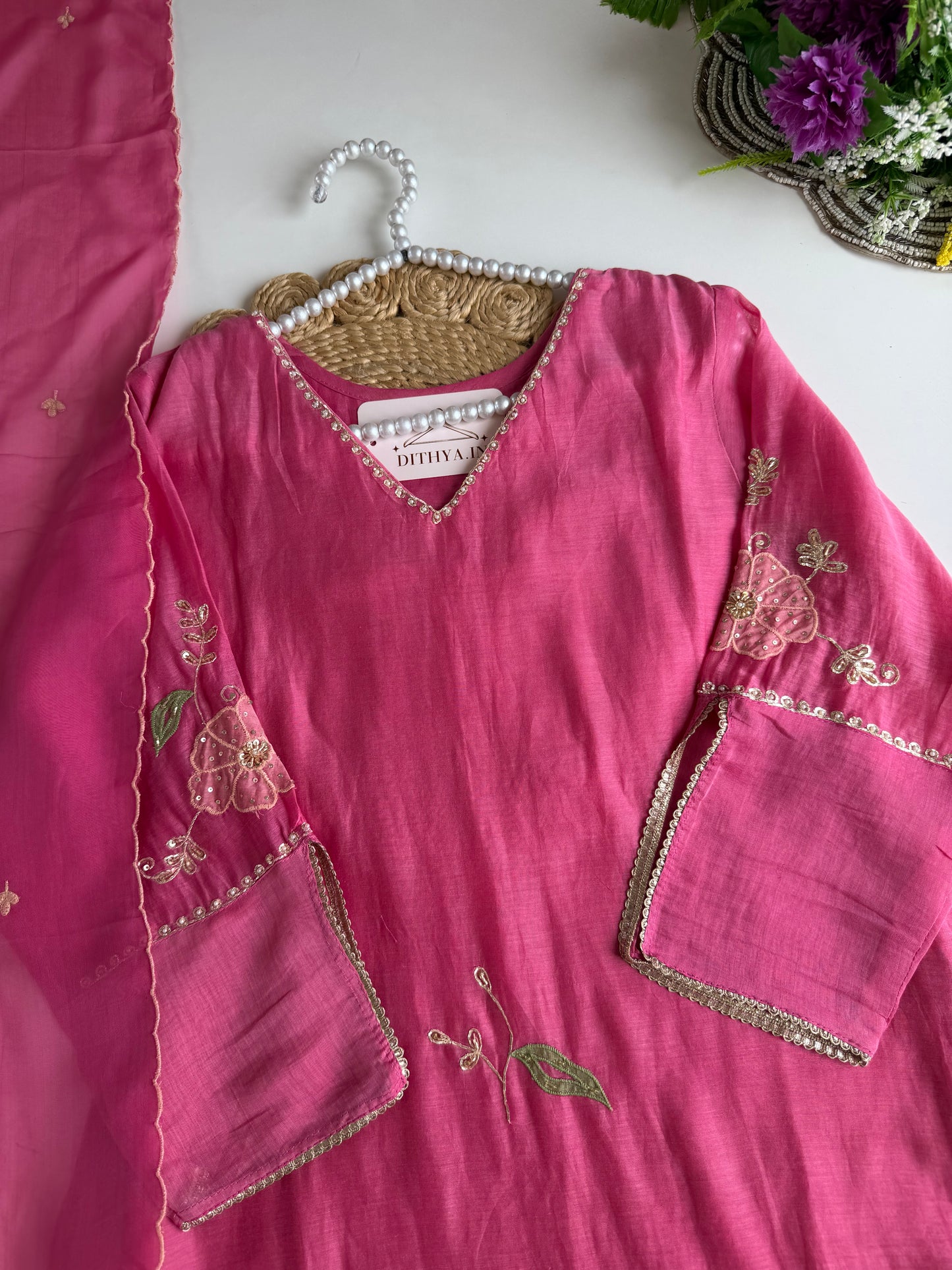 K538 - Mul chanderi handwork Aline Kurti with pants and dupatta