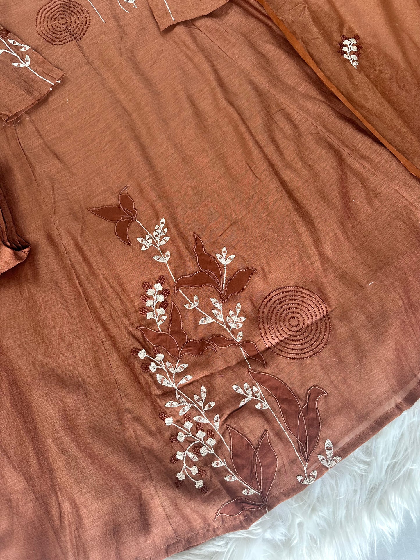 K210 - Mul Chanderi appliqué work Anarkali with pants and dupatta in 2 colours