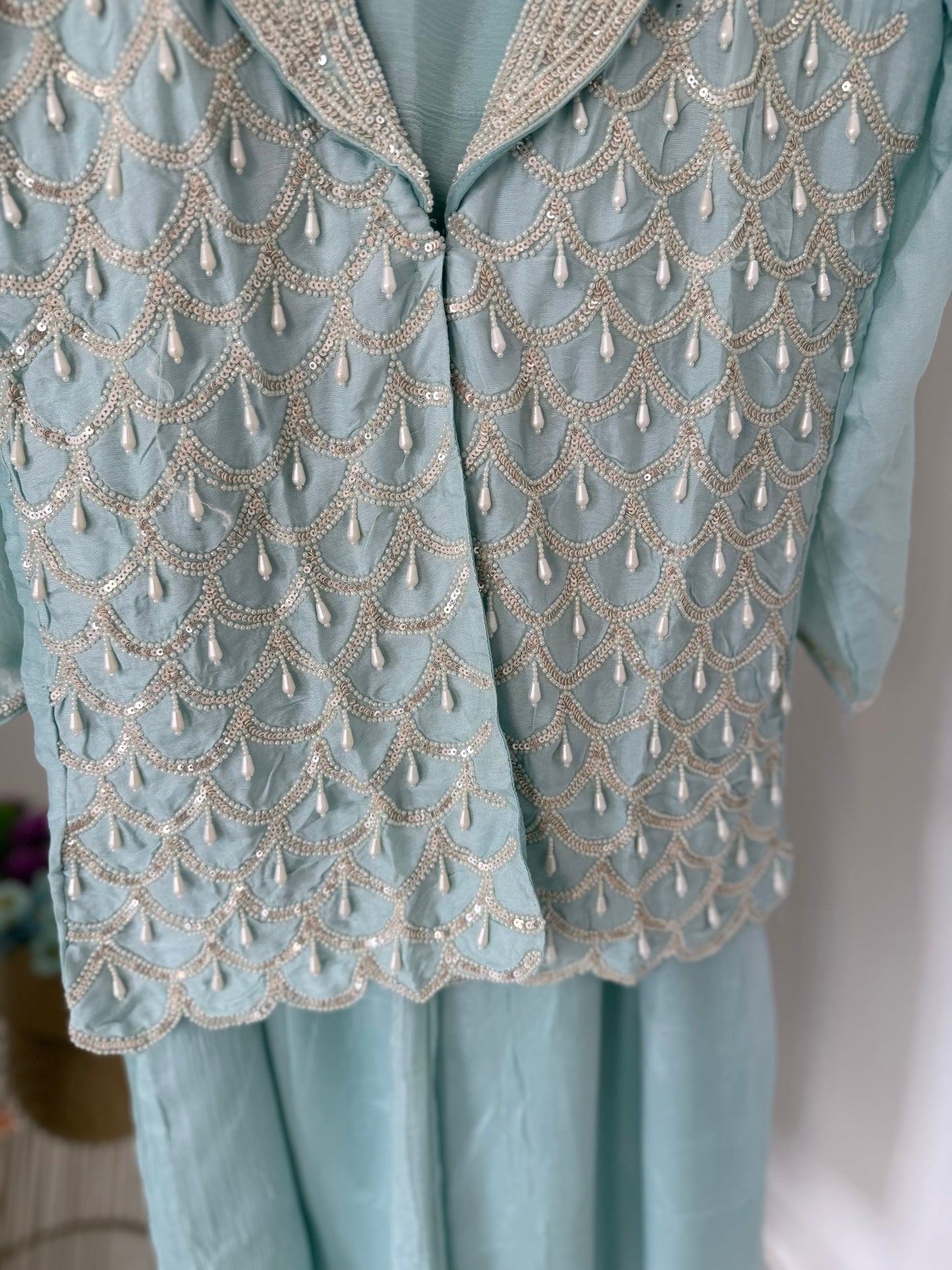K523 - Pure chinnon handwork blazer , crop top inner and palazzo