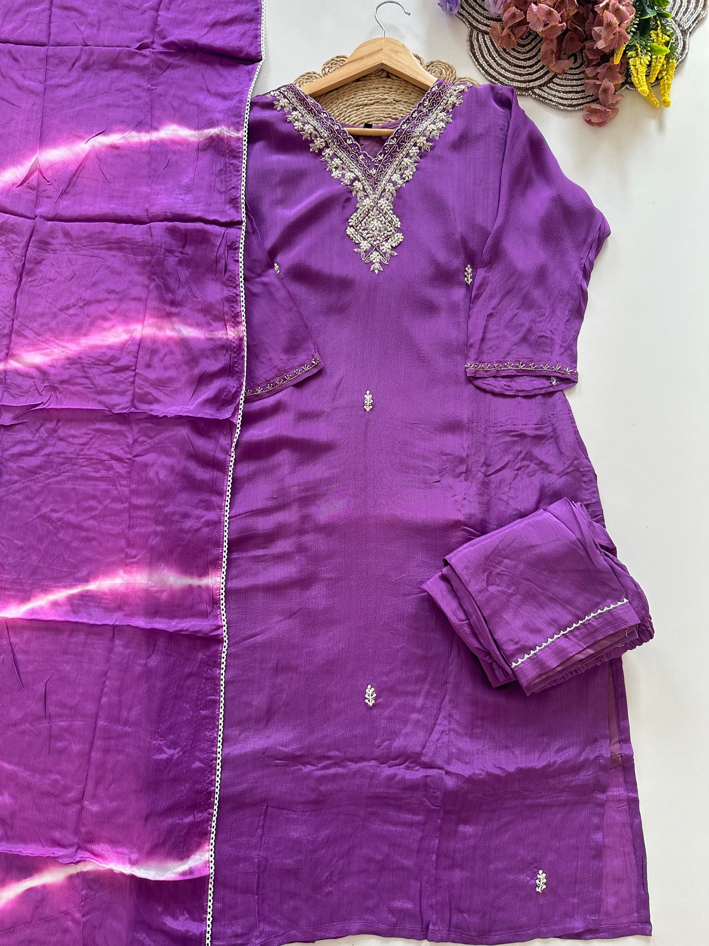 D116 - Chinnon silk straight kurti with pants and dupatta