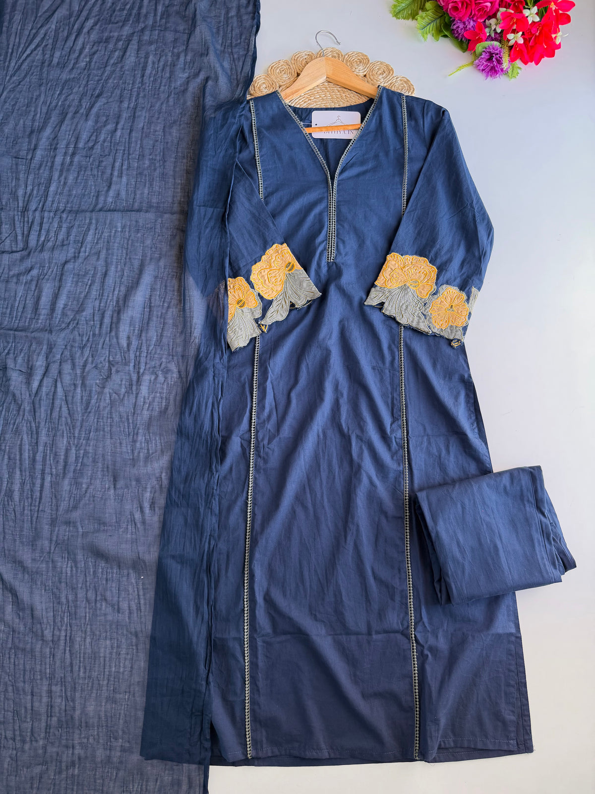 K252 - Mul cotton embroidered Aline Kurti with pants and dupatta