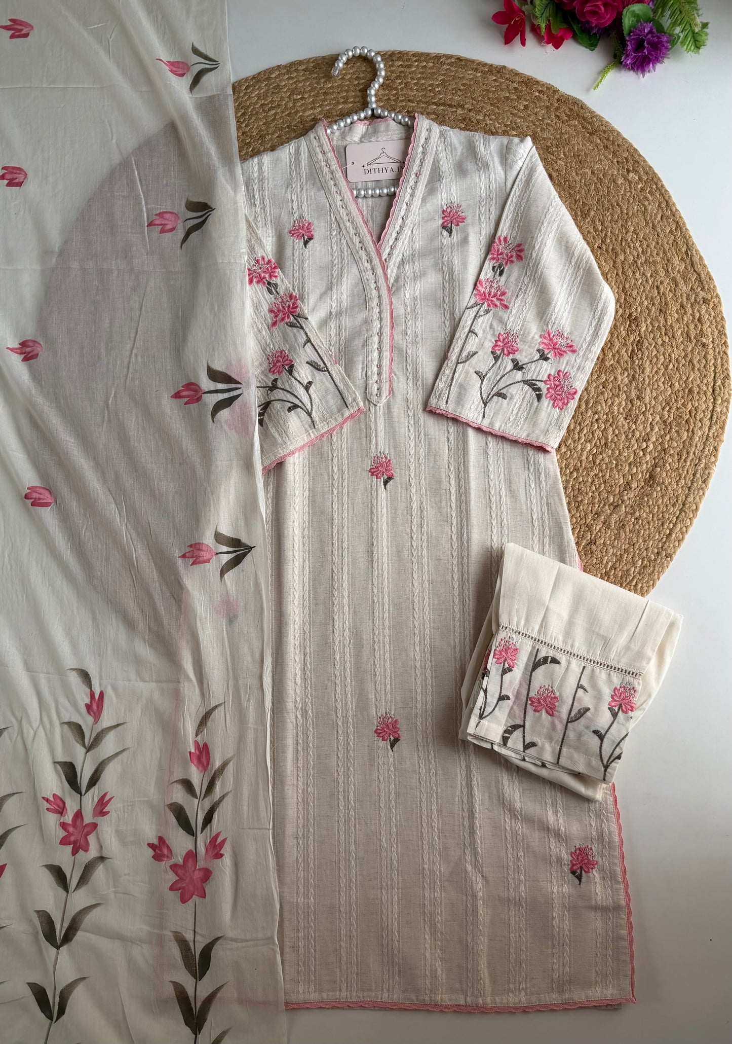 K119 - Linen cotton embroidered straight Kurti with pants and dupatta