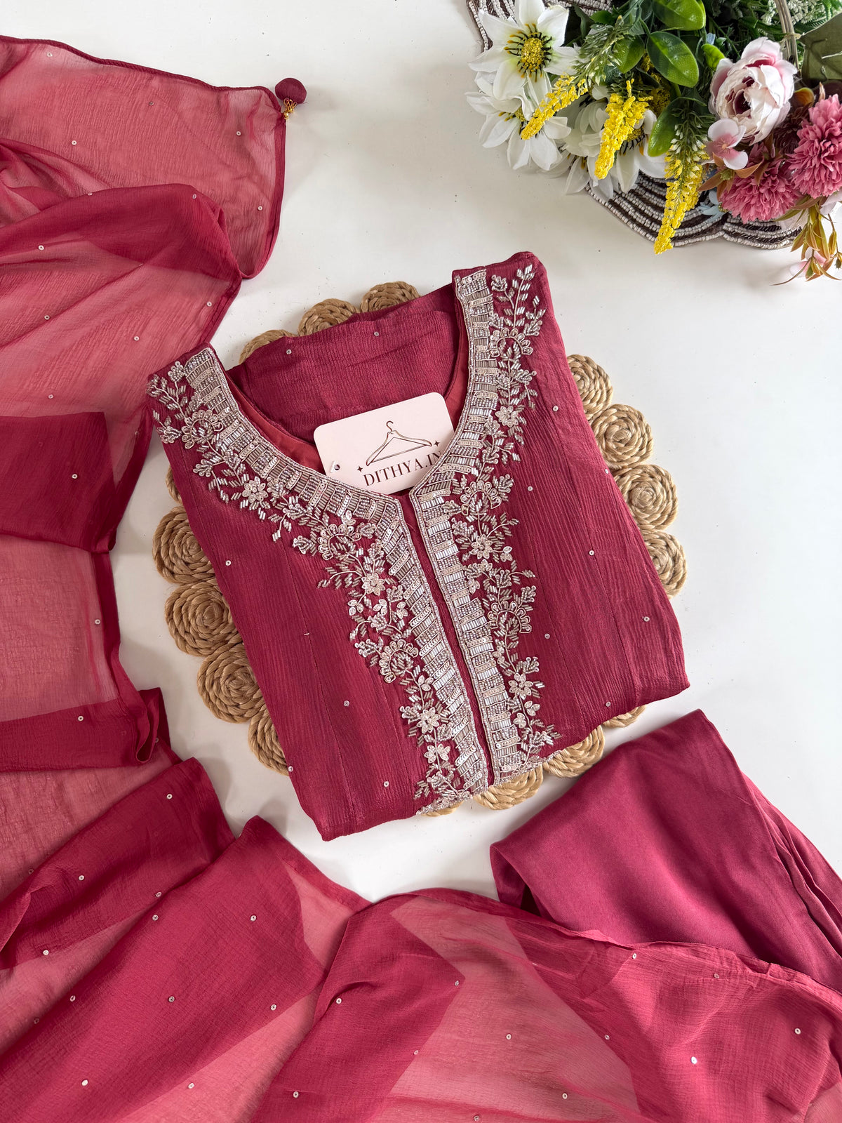 K481 - Pure Chinnon handwork Anarkali with pants and dupatta
