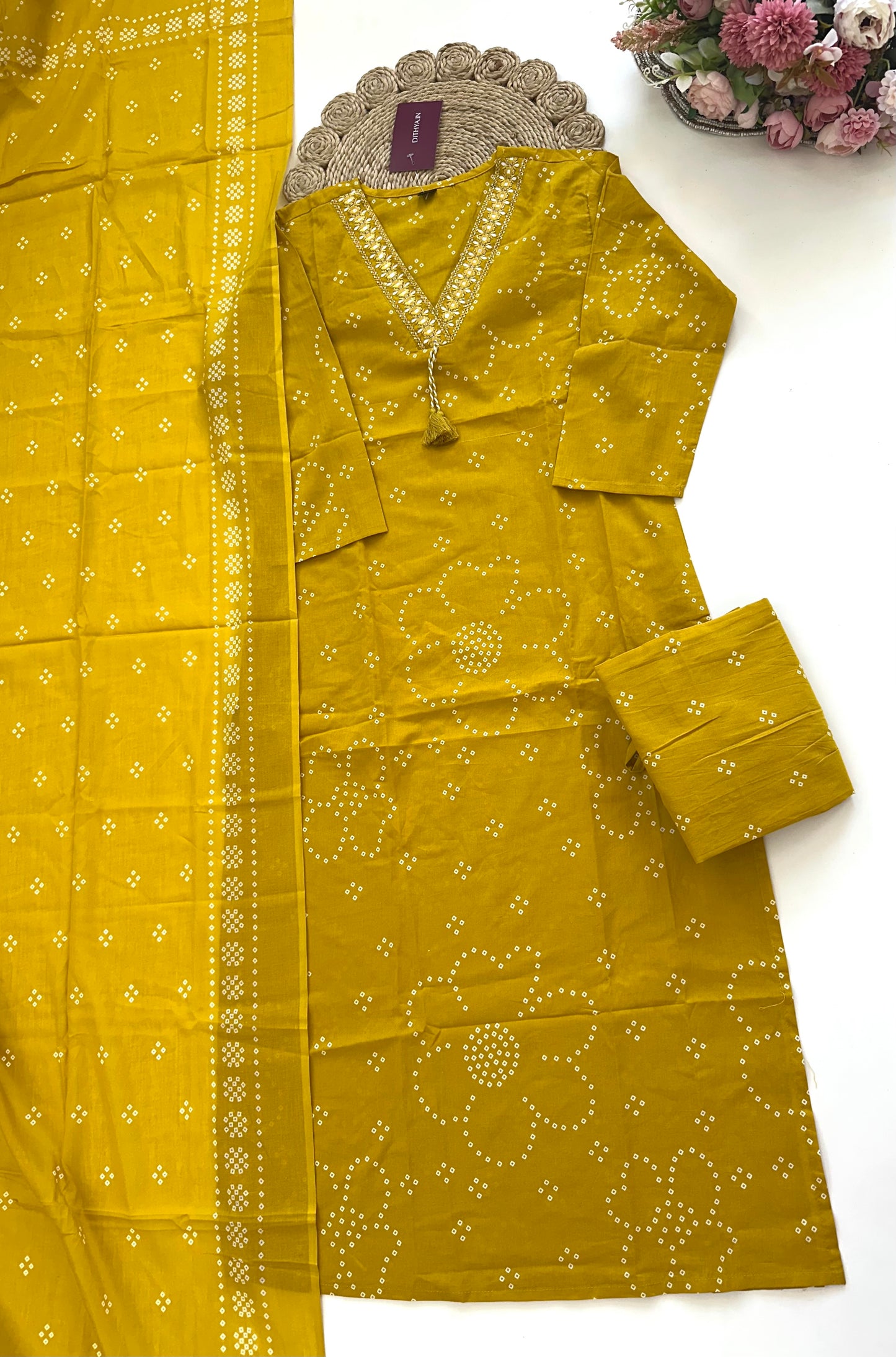 K053 - Cotton Aline Kurti with pants and dupatta in colours