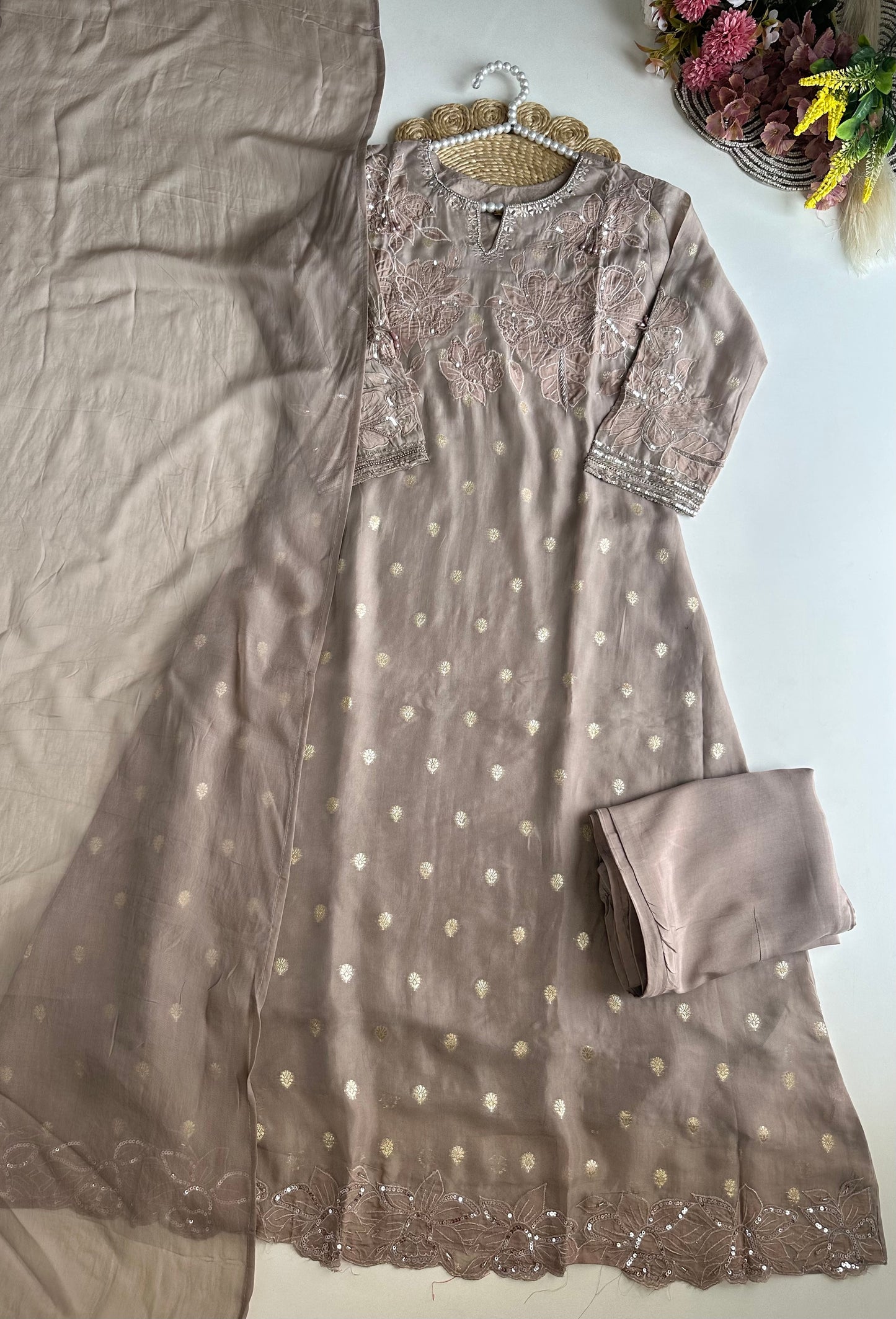 K455 - Organza handwork Aline Kurti with pants and dupatta