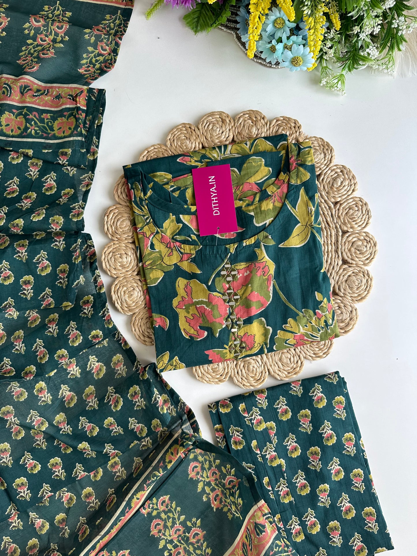 K071 - Cotton floral straight Kurti with pants and dupatta in 4 colours