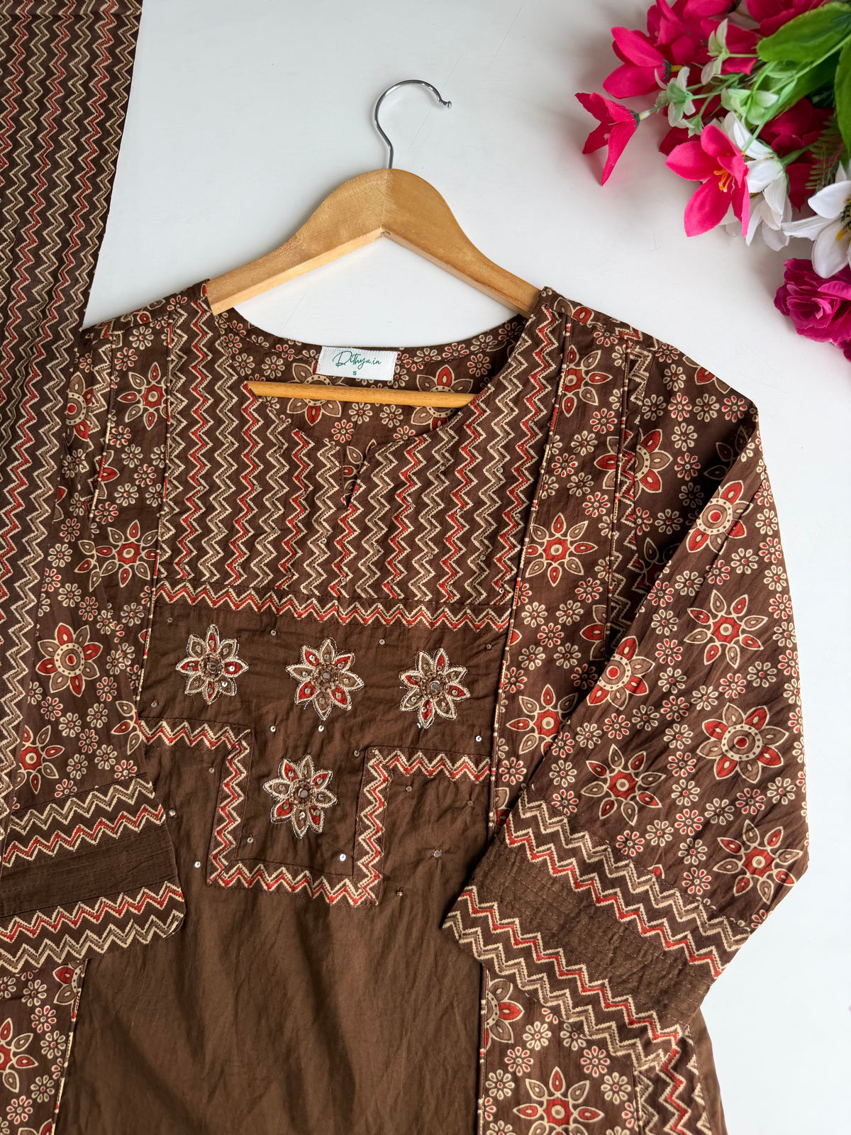 K076 - Mul cotton printed embroidered Aline Kurti with pants and dupatta