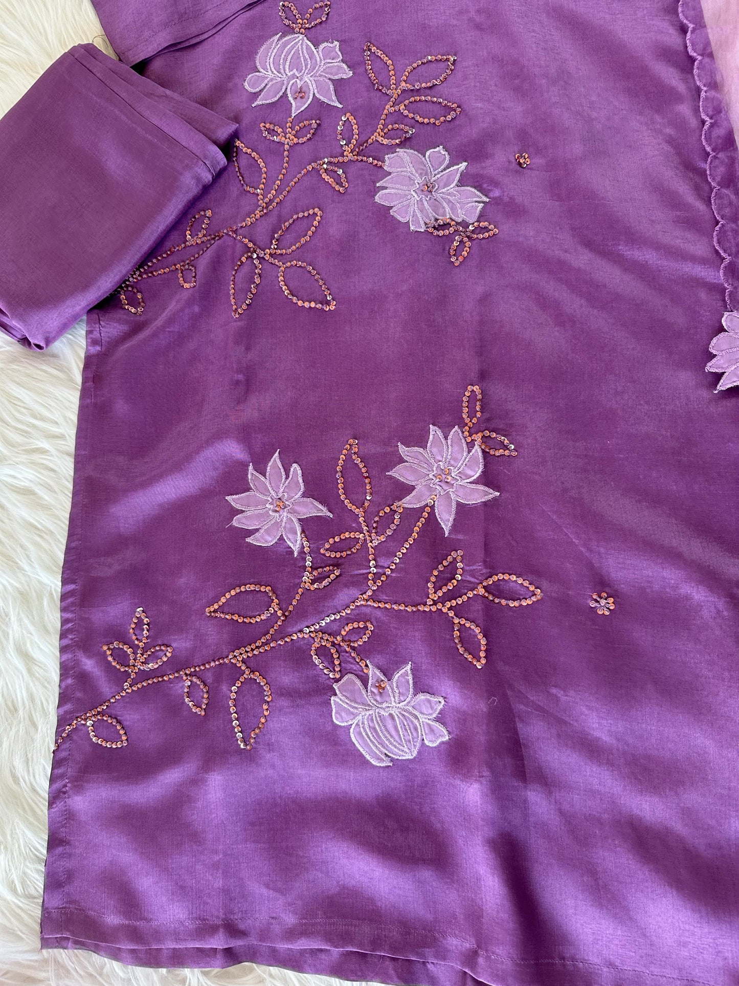 K359 - Russian silk appliqué work straight Kurti with pants and dupatta