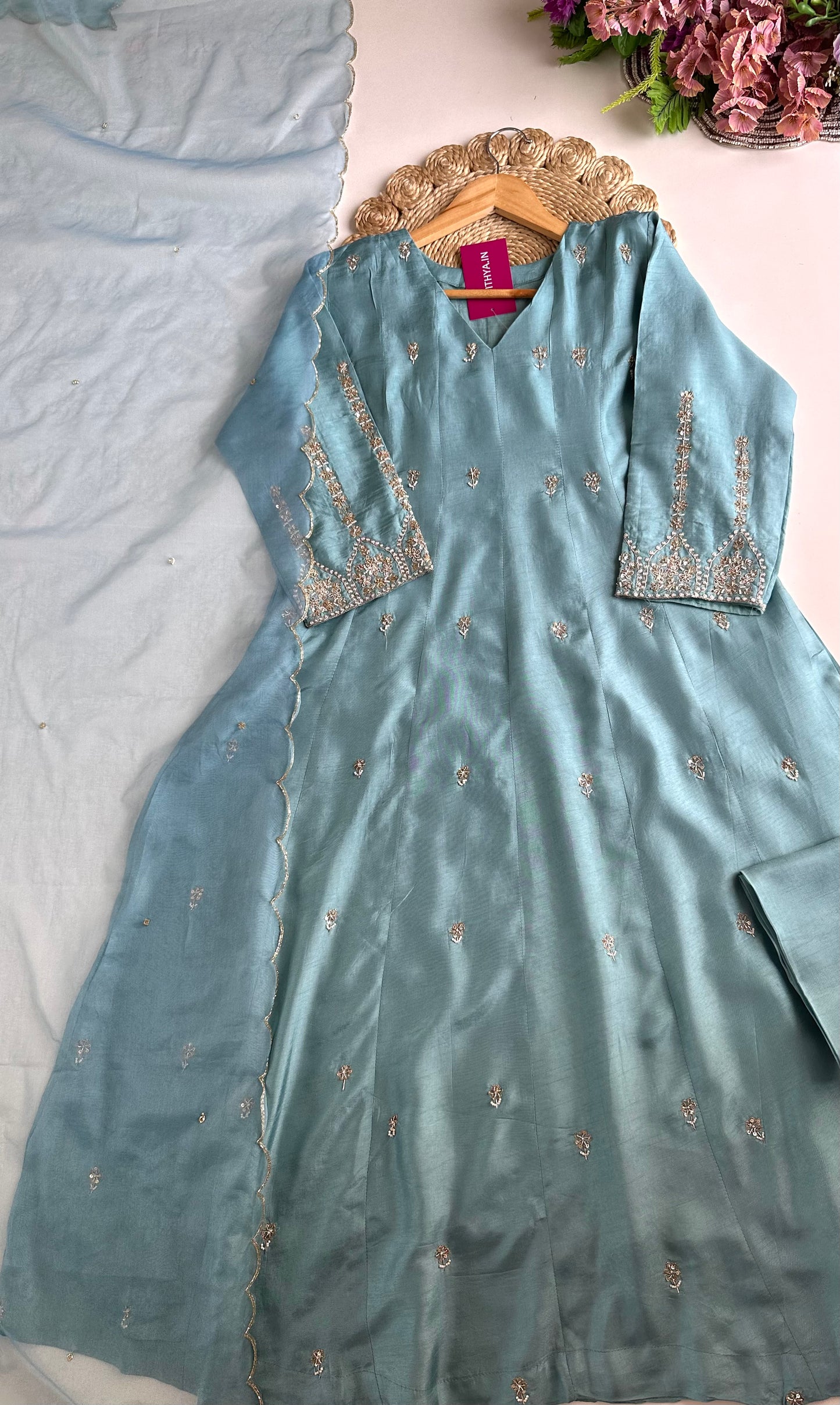 K135 - Russian silk handwork Anarkali with pants and dupatta