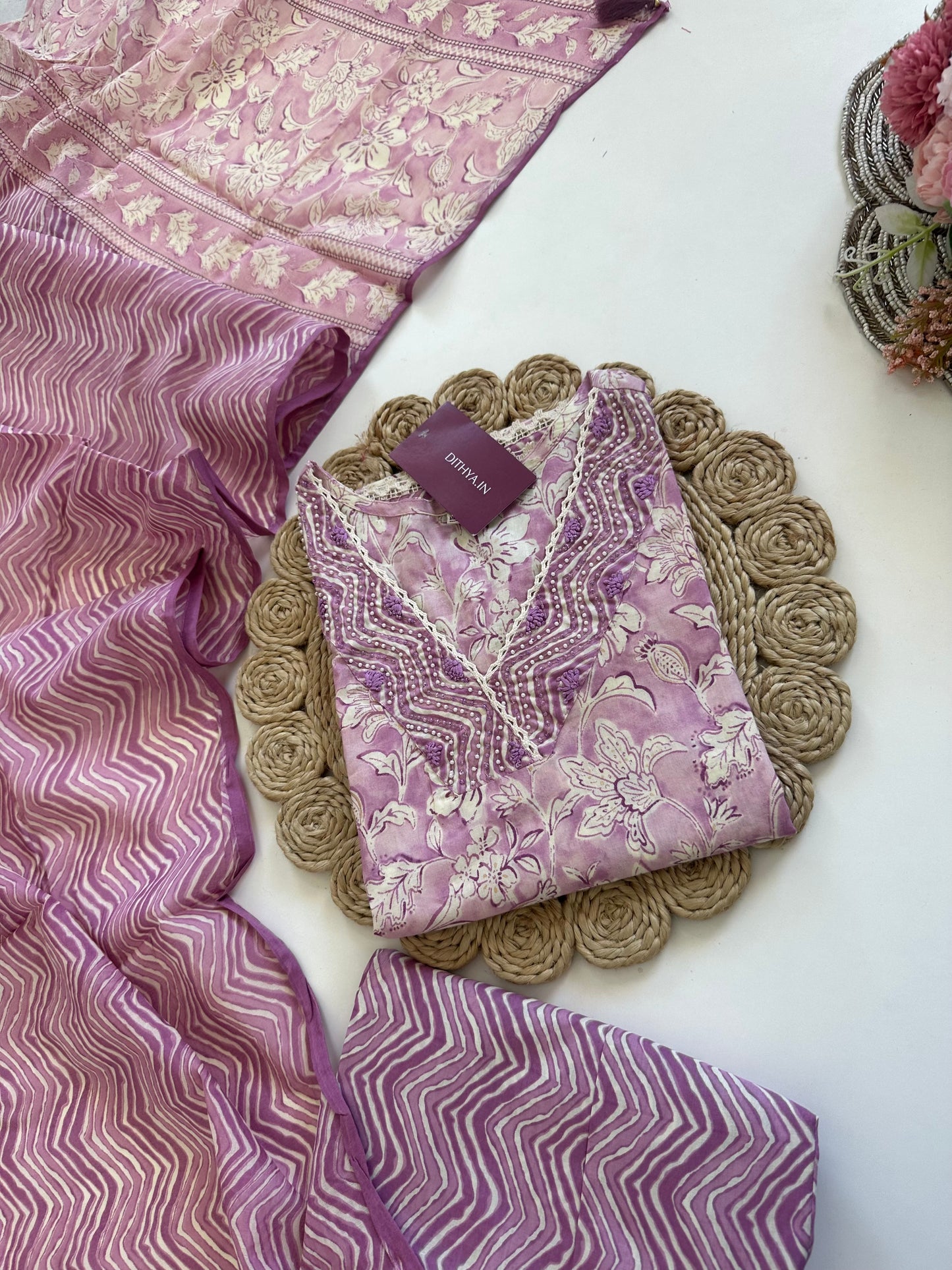 K019 - Cotton straight kurti with pants and dupatta .