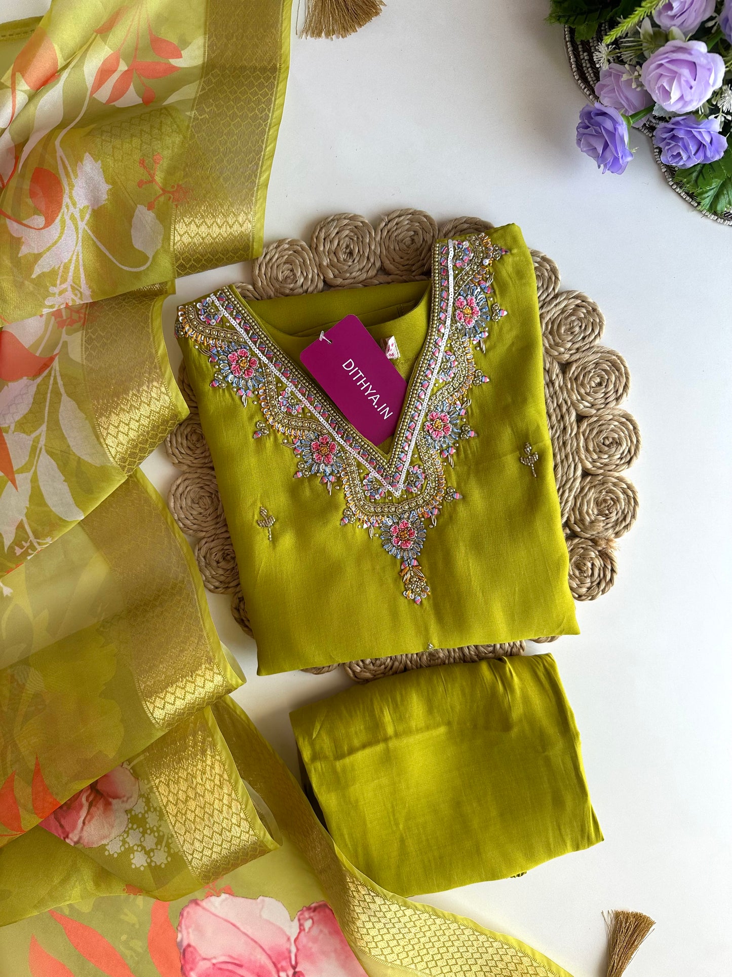 K024 - Roman silk handwork straight Kurti with pants and dupatta in 3 colours