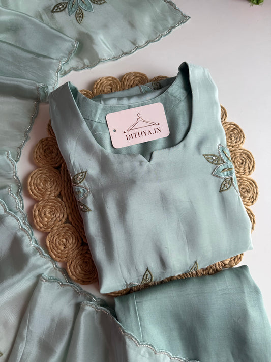 K708 - Pure crape handwork aline Kurti with pants and dupatta