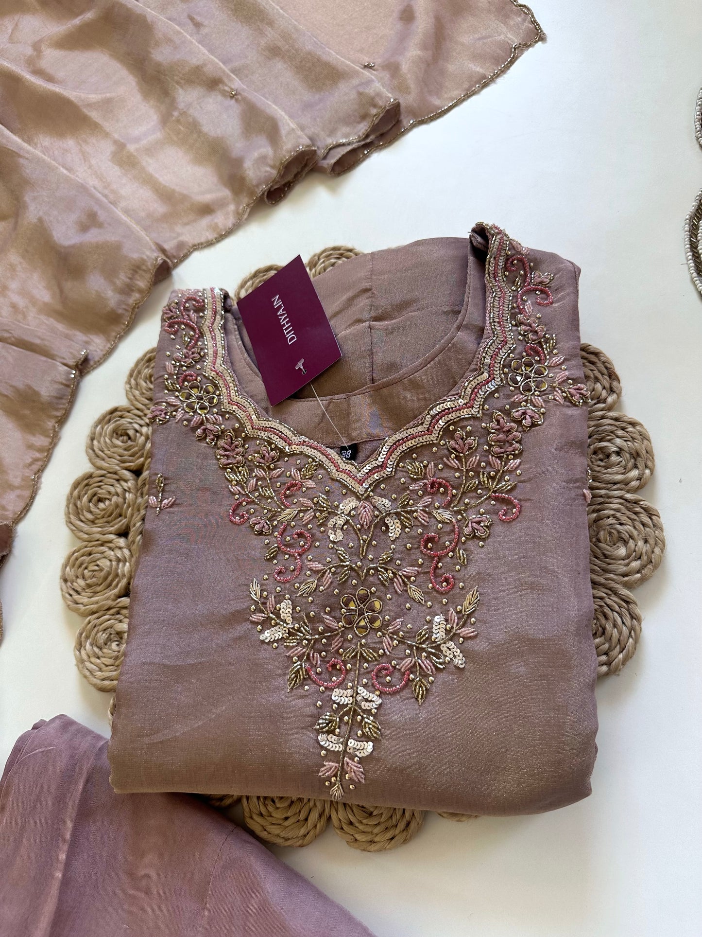 K006 - Tissue silk Handwork Anarkali with pants and dupatta .
