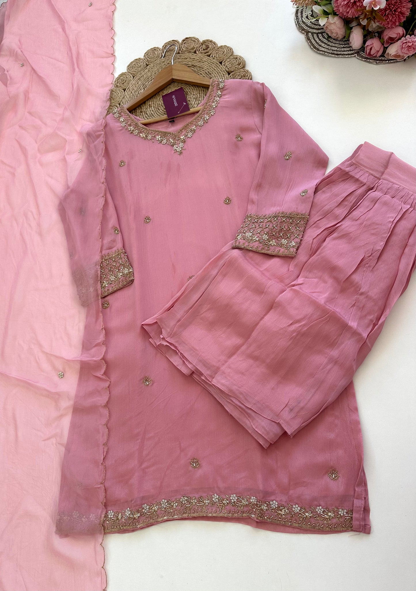 K075 - Chinnon Handwork straight short kurti with sharara and dupatta.