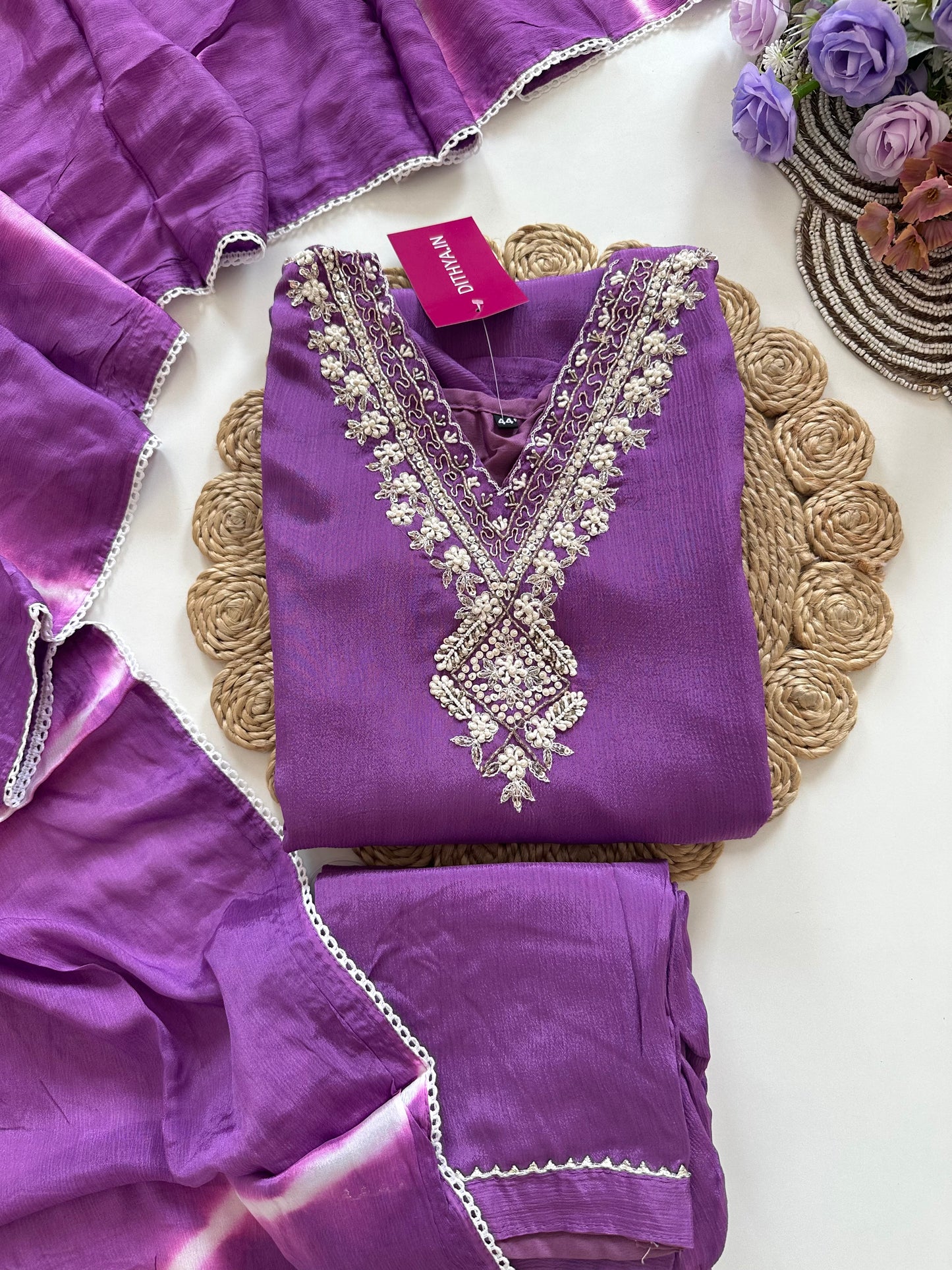 D116 - Chinnon silk straight kurti with pants and dupatta