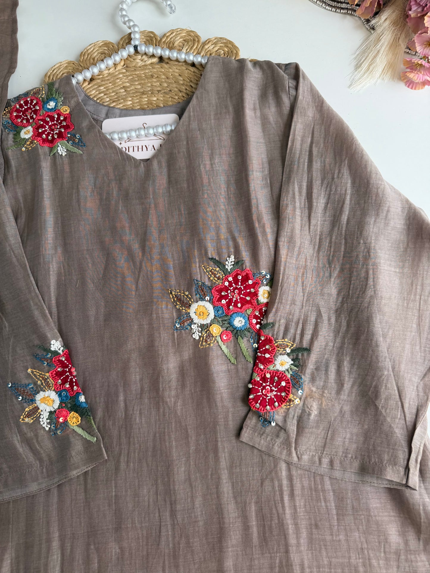K509 - Mul chanderi embroidered aline Kurti with pants and dupatta