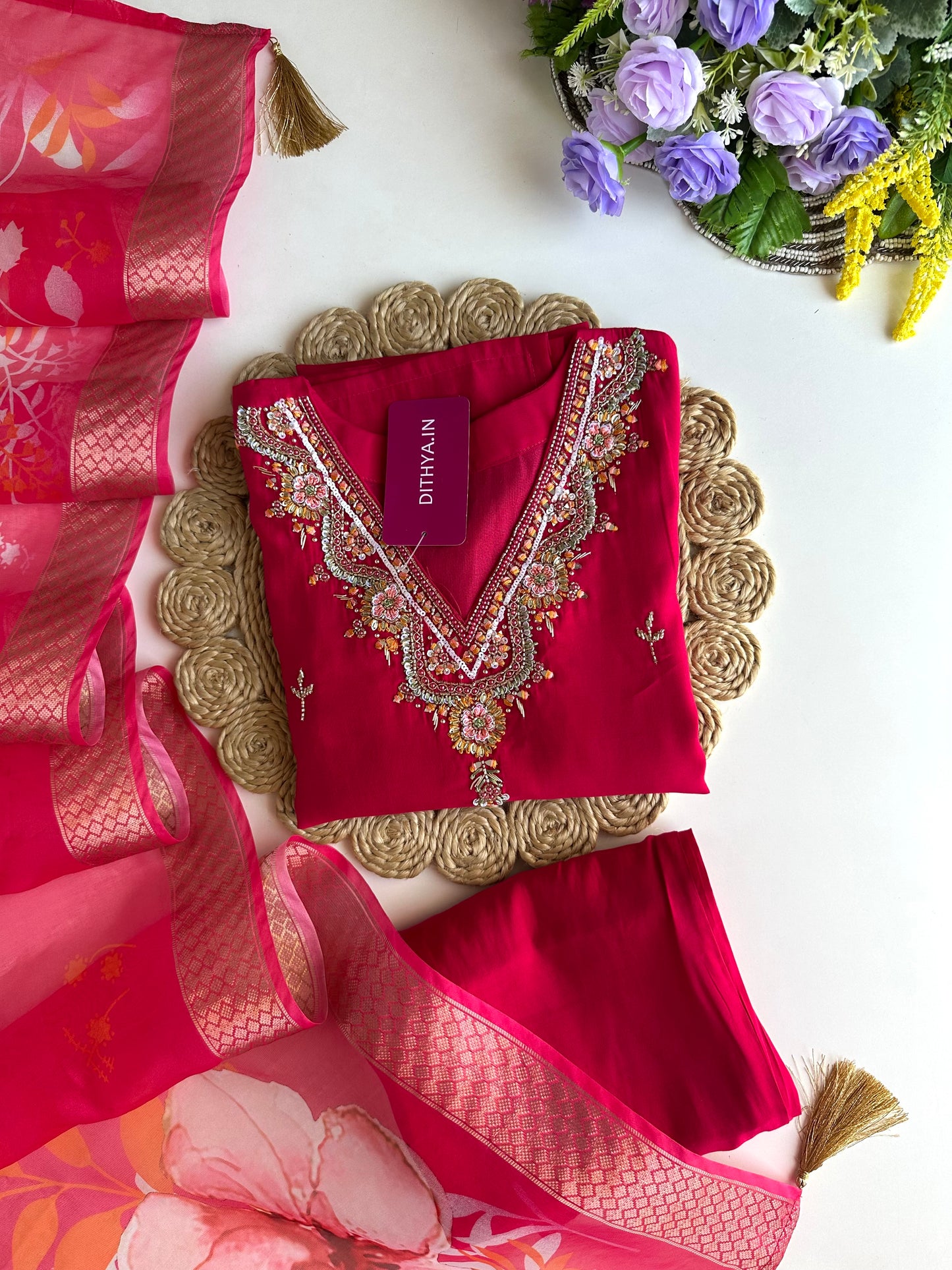 K024 - Roman silk handwork straight Kurti with pants and dupatta in 3 colours