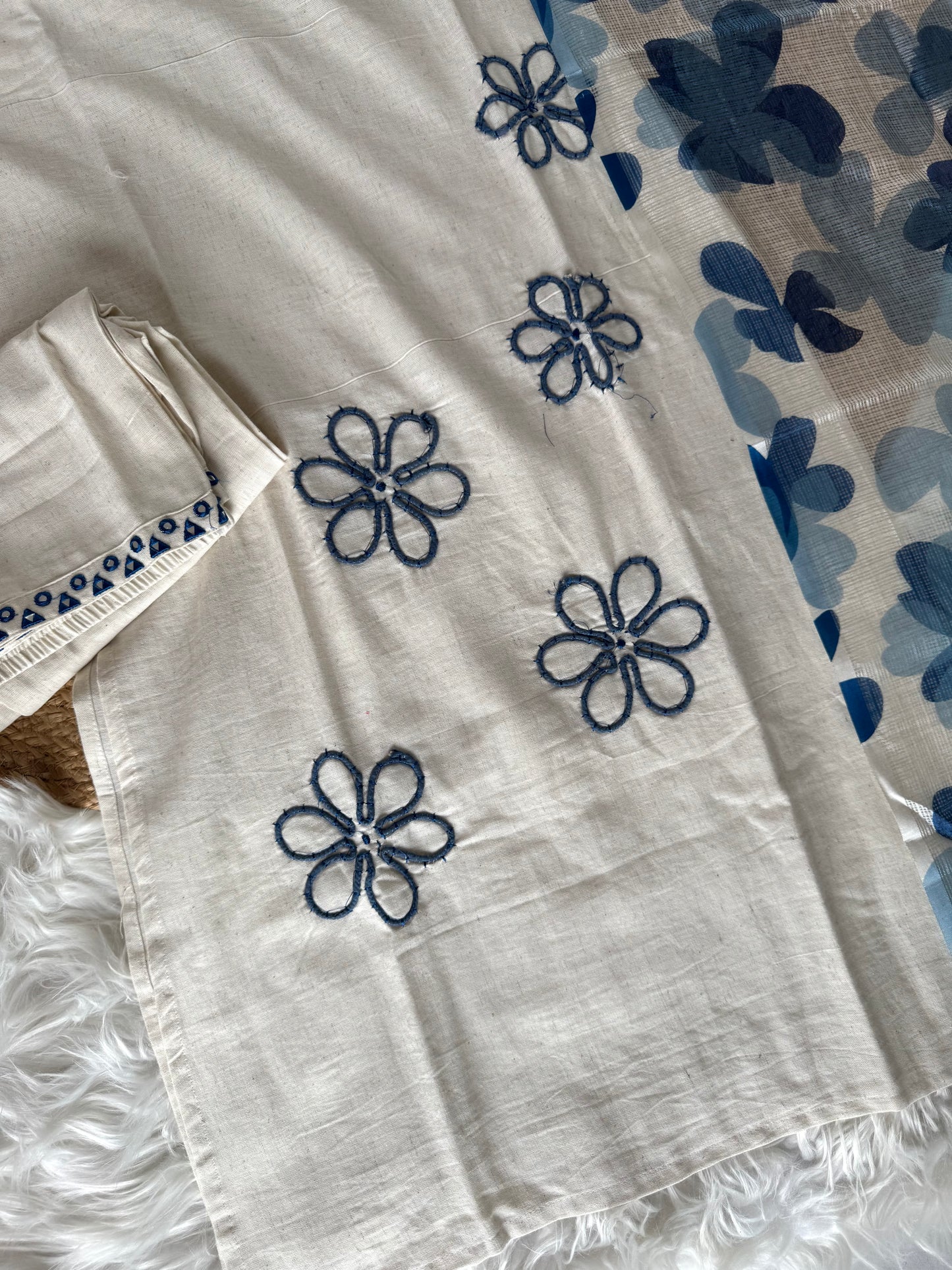 K088 - Cotton embroidered strap Kurti with pants and dupatta in 3 designs