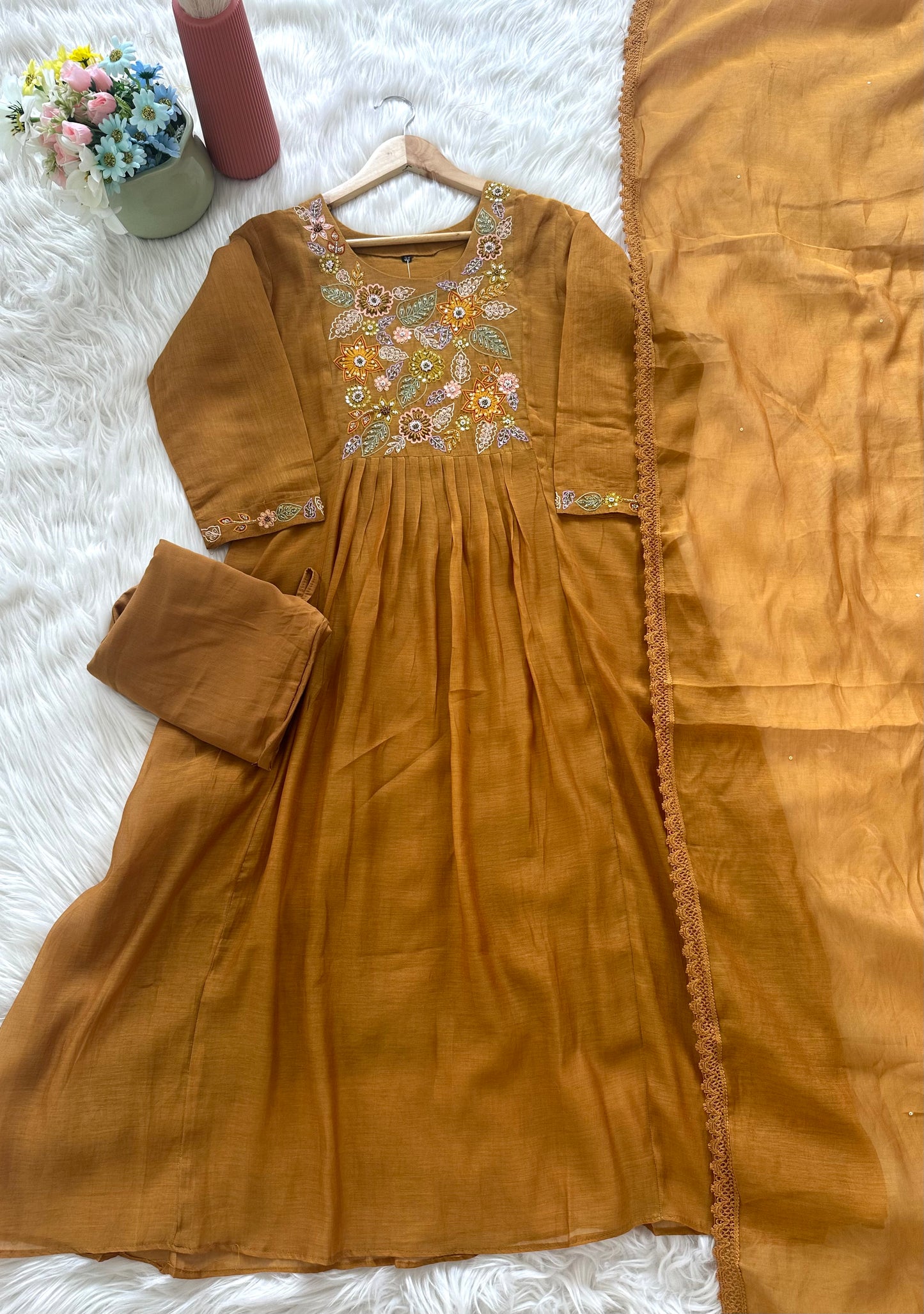 K029 - Mul Chanderi handwork Aline Kurti with pants and dupatta