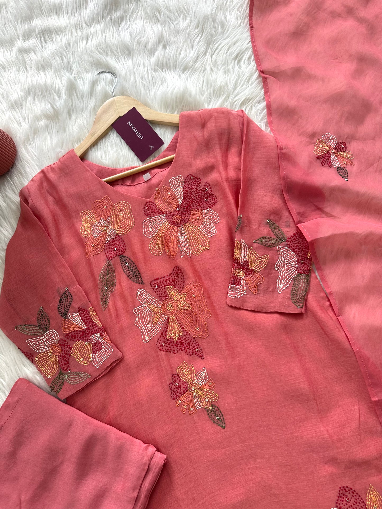 K261 - Mul Chanderi Embroidered Aline Kurti with pants and dupatta