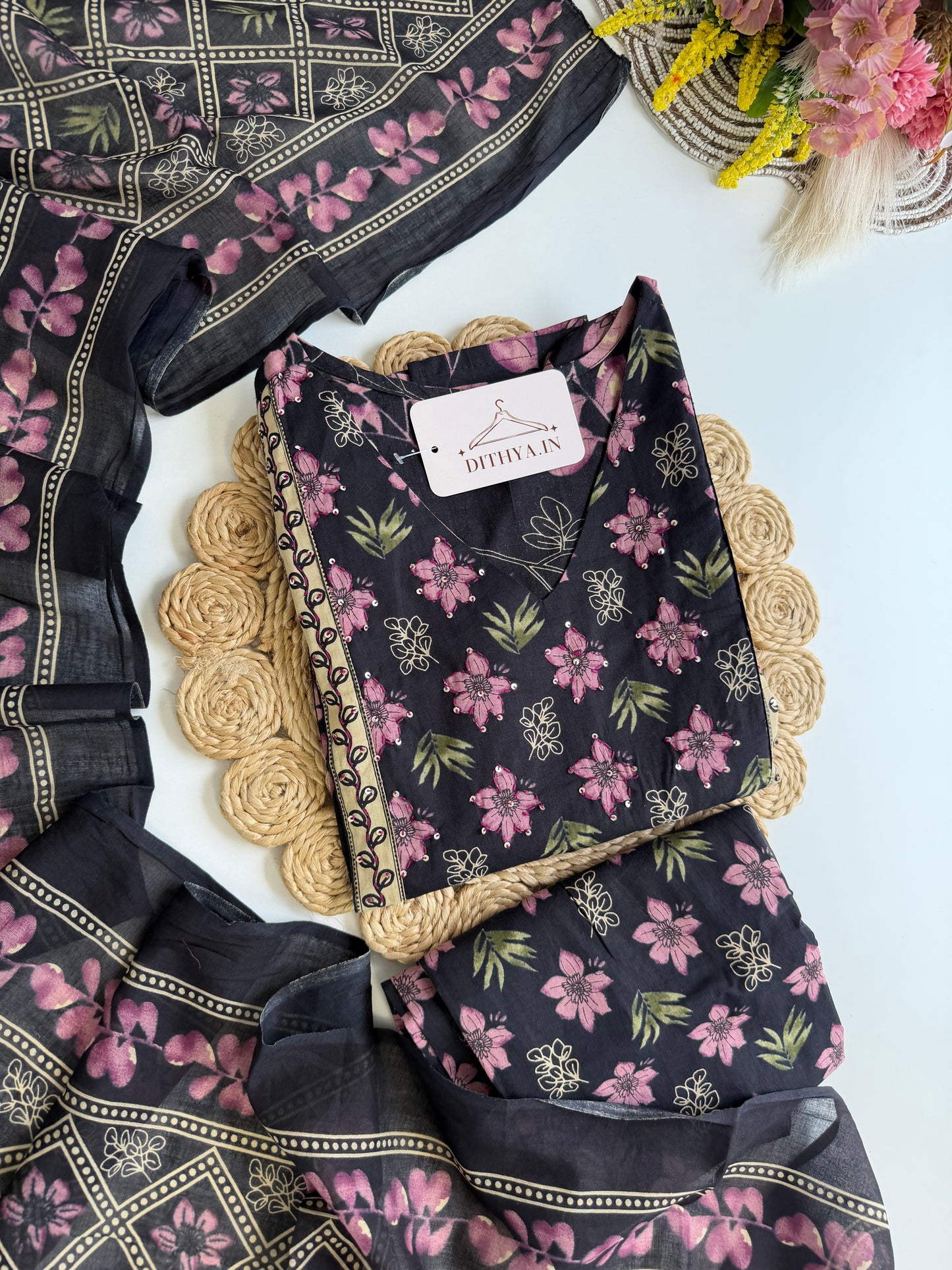 K195 - Cotton floral straight Kurti with pants and dupatta
