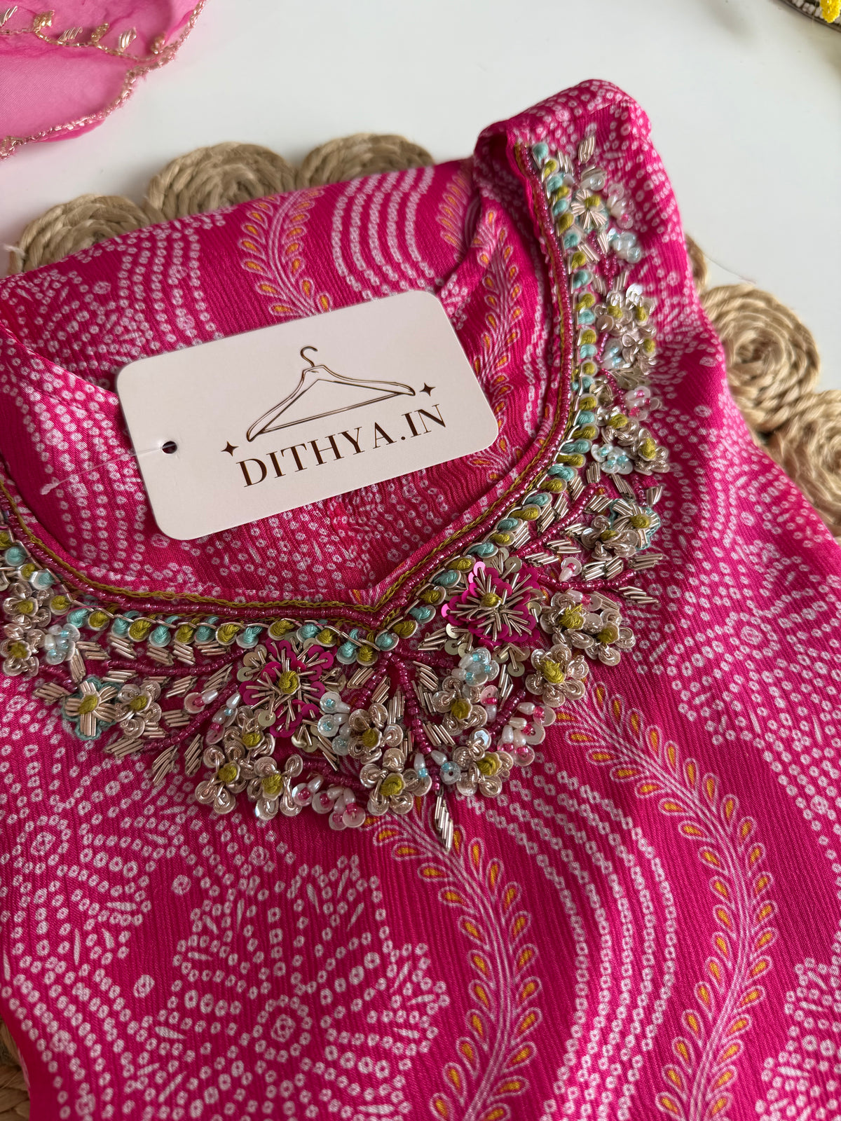 K063 - Pure Chinnon Bandhini handwork aline Kurti with pants and dupatta