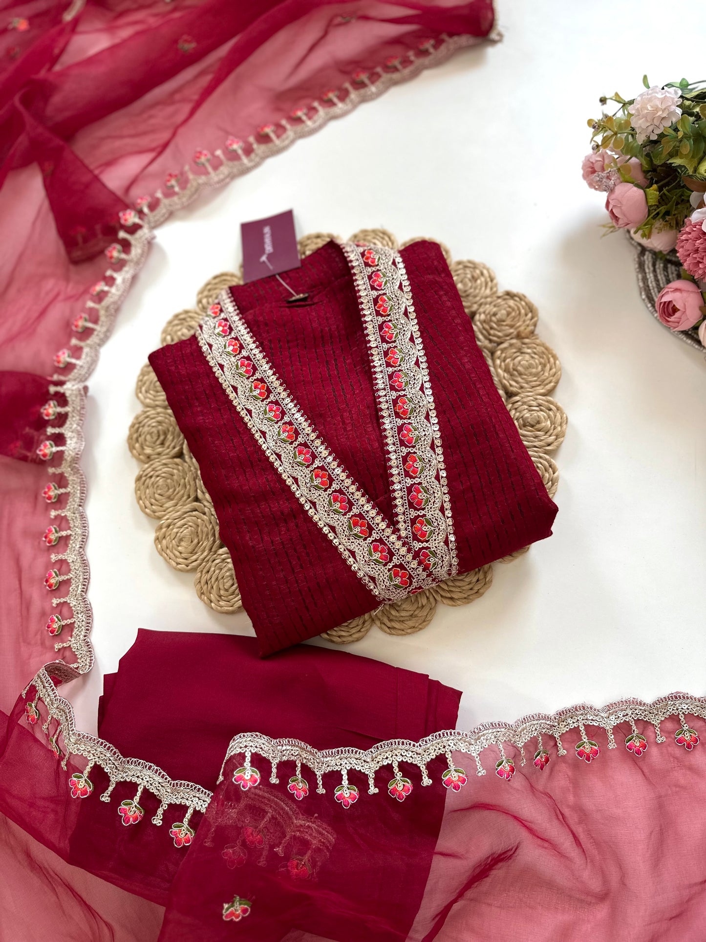 K107 - Jacquard silk Collar neck straight kurti with pants and dupatta in 2 colours