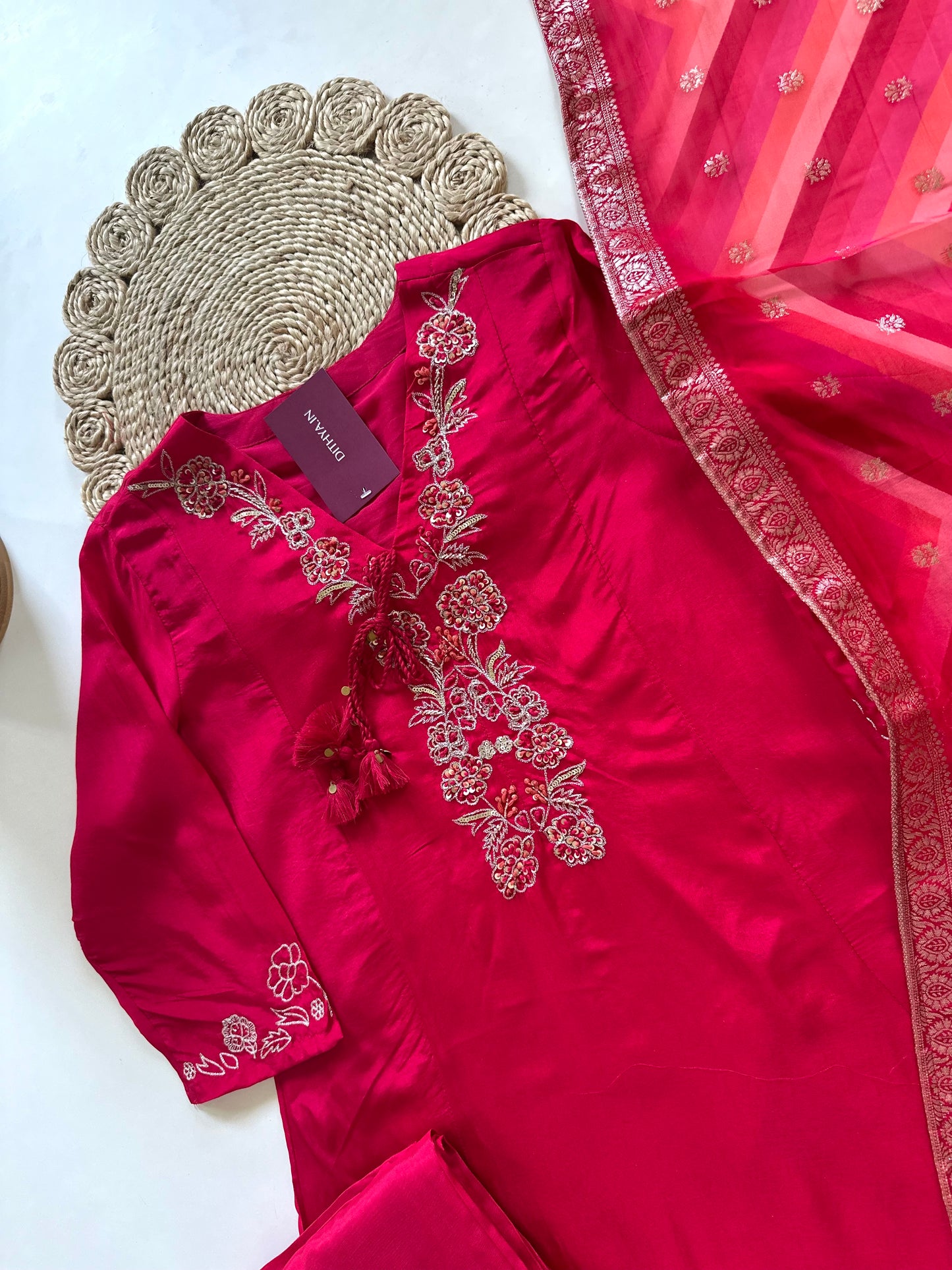 K017 - Russian silk handwork Aline Kurti with pants and dupatta .