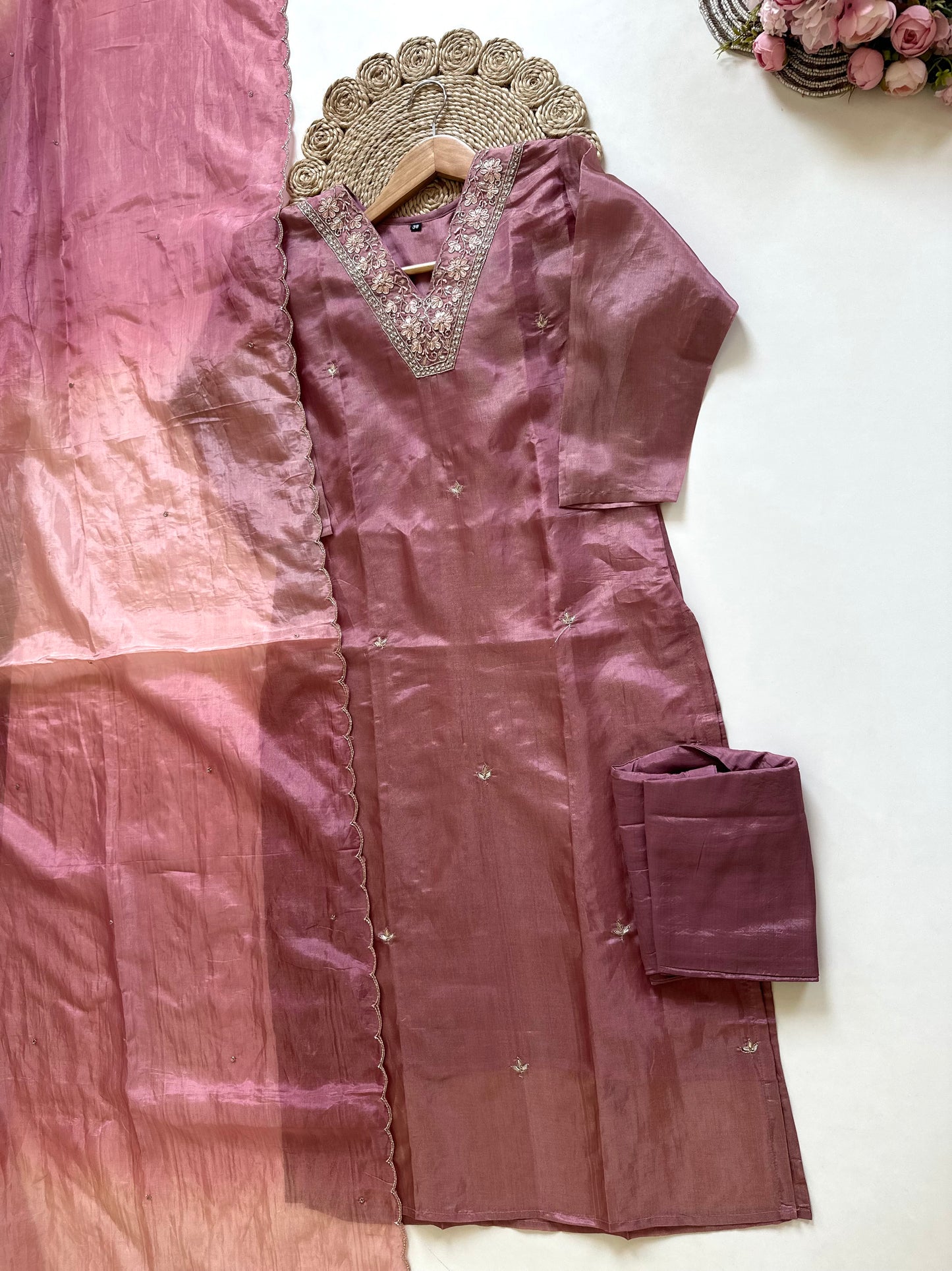 K099 - Tissue silk handwork straight kurti with pants and dupatta .