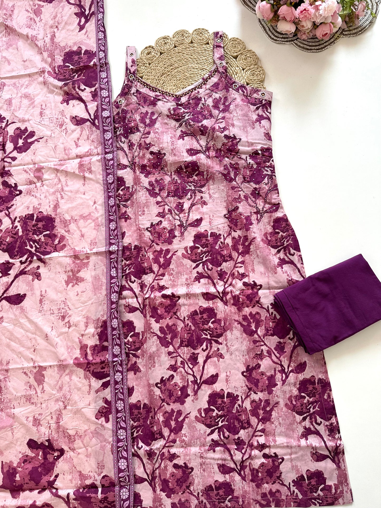 K250 - Cotton Strap handwork straight Kurti with pants and dupatta in 3 colours