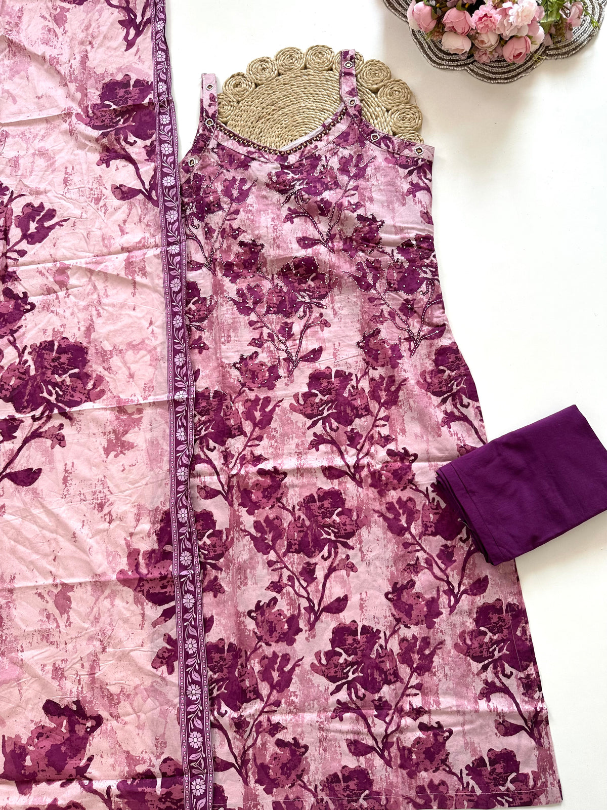 K250 - Cotton Strap handwork straight Kurti with pants and dupatta in 3 colours