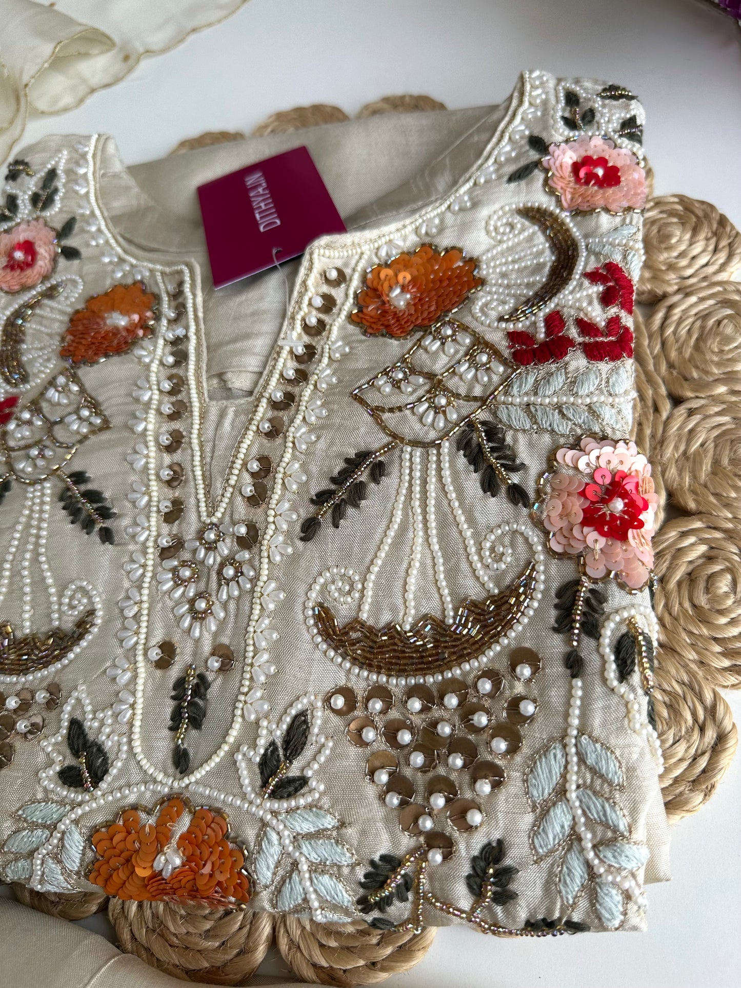 K332 - Russian silk handwork straight Kurti with pants and dupatta