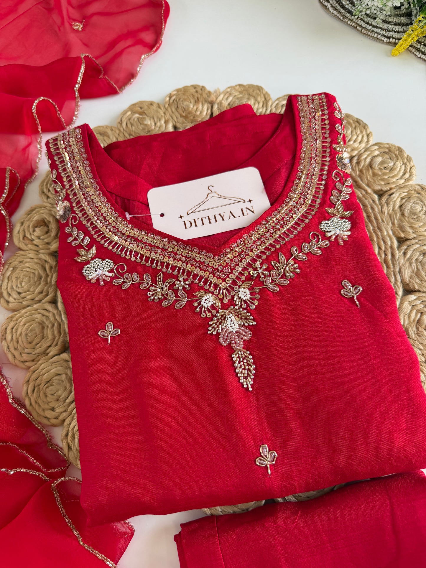 K552 - Russian silk handwork straight Kurti with pants and dupatta