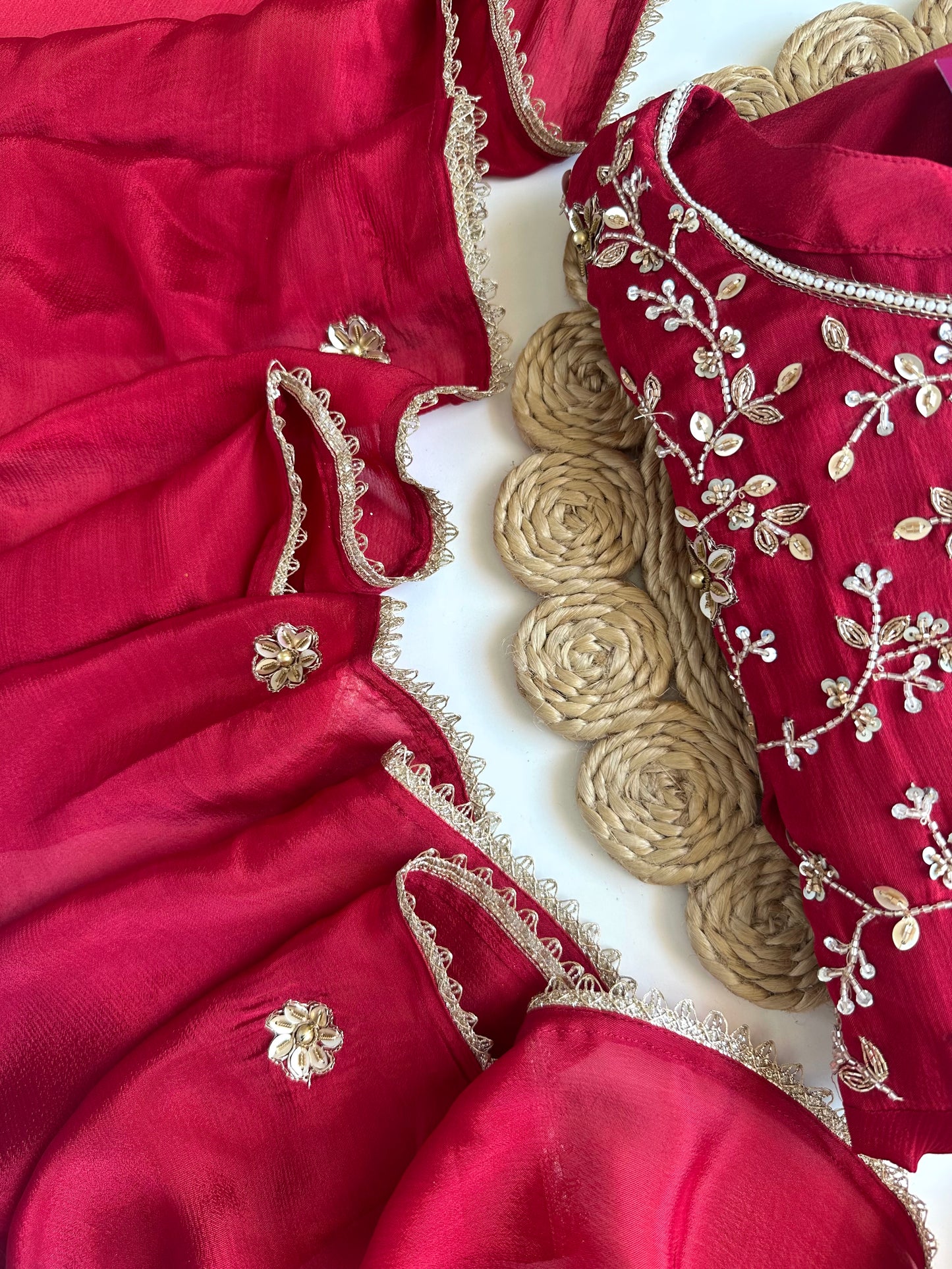 K158 - Pure Chinnon heavy handwork Anarkali with pants and dupatta