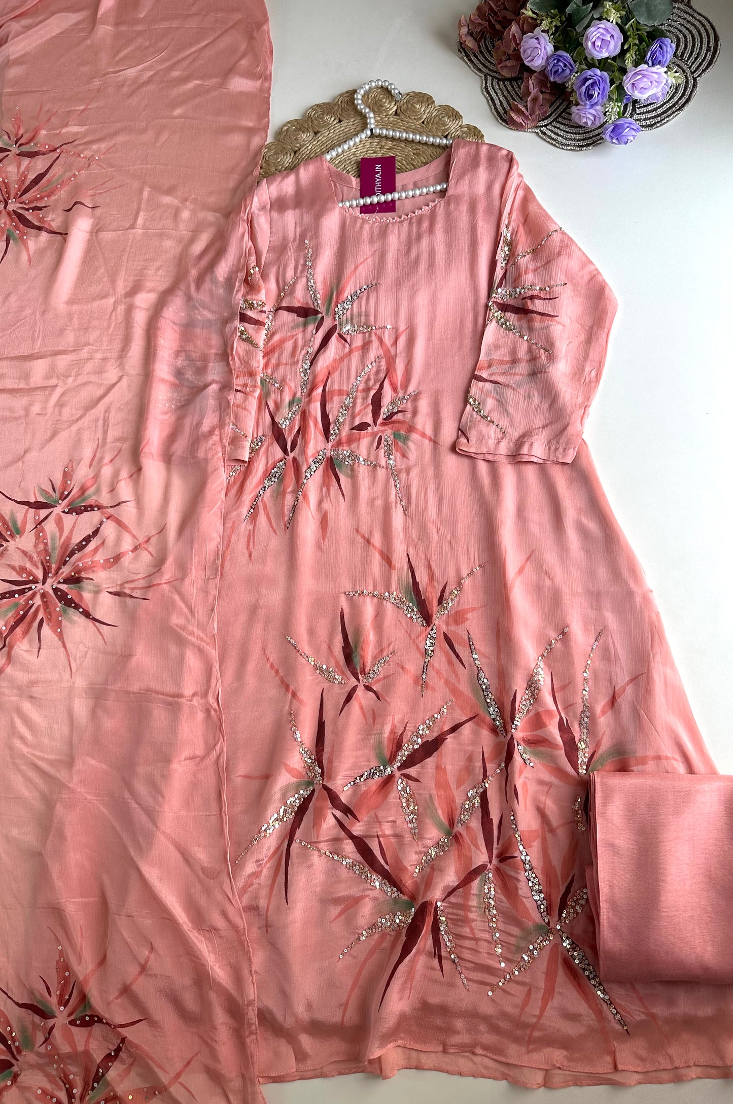 K051 - Pure Chinnon handwork Aline Kurti with pants and dupatta
