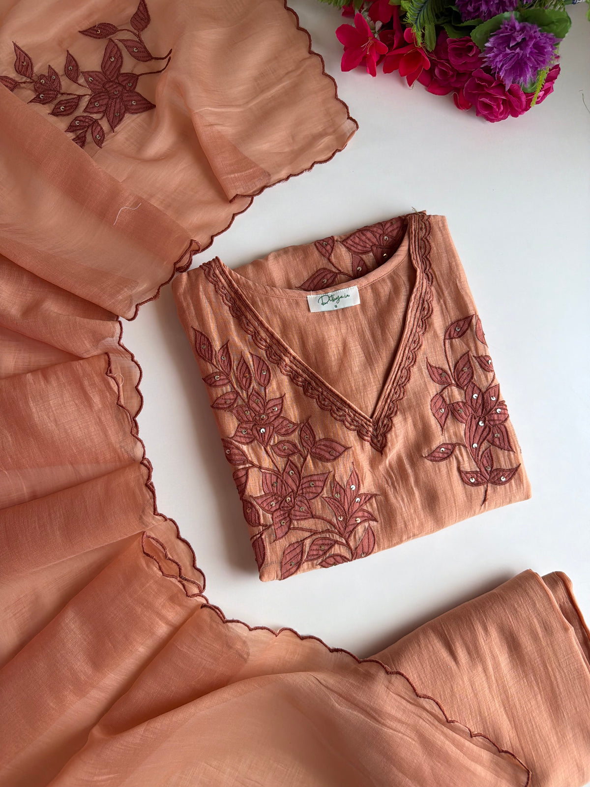 K567 - Mul chanderi embroidered straight Kurti with pants and dupatta