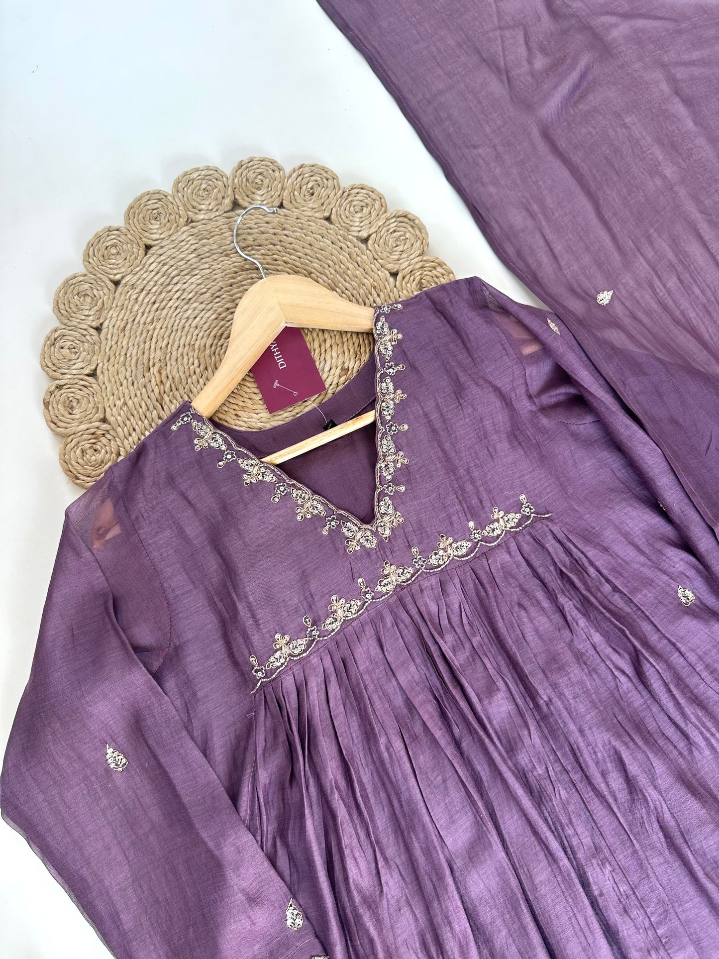 K138 - Mul Chanderi handwork Aline Kurti with pants and dupatta