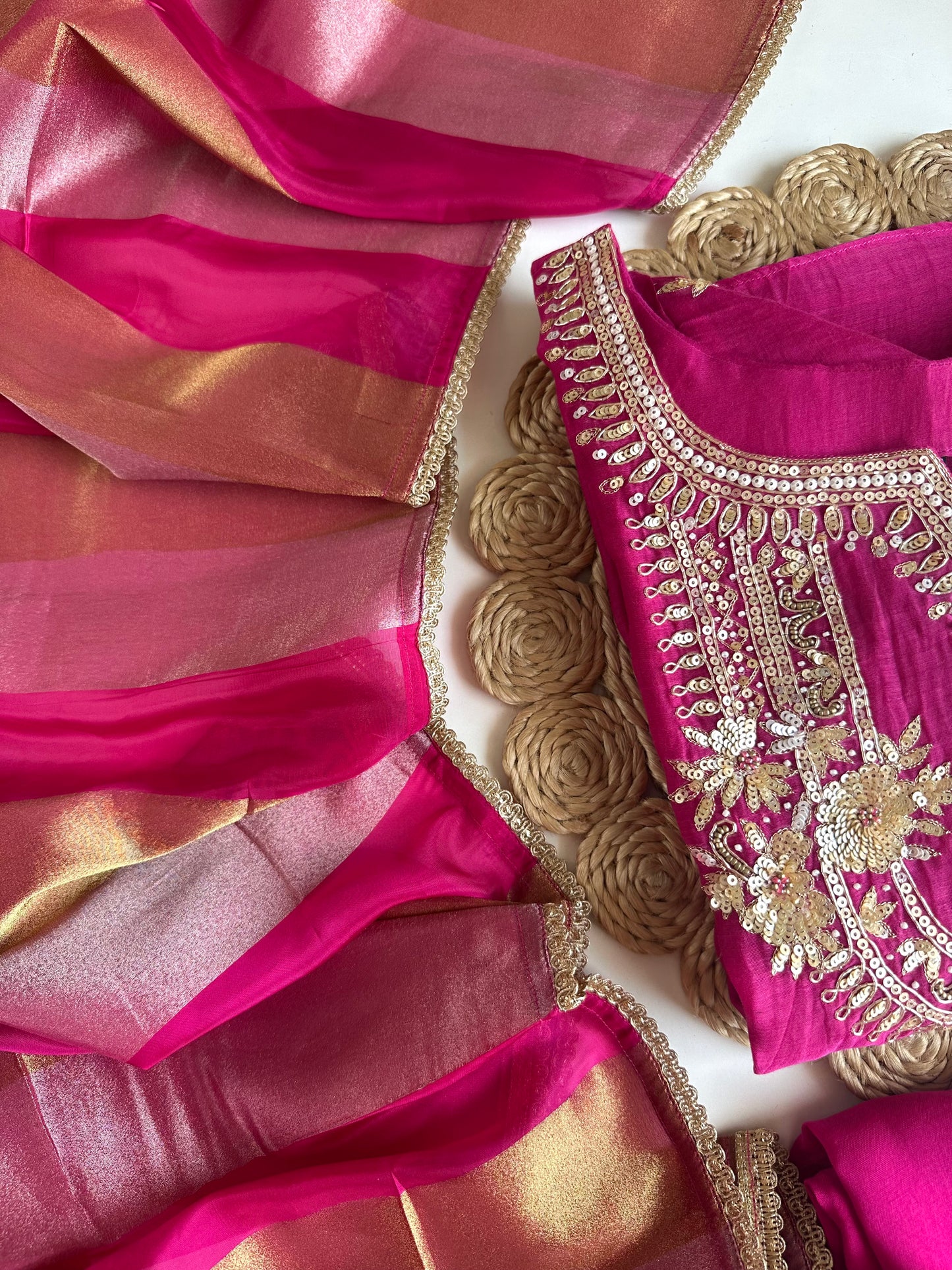 K442 - Mul Chanderi handwork Aline Kurti with pants and dupatta