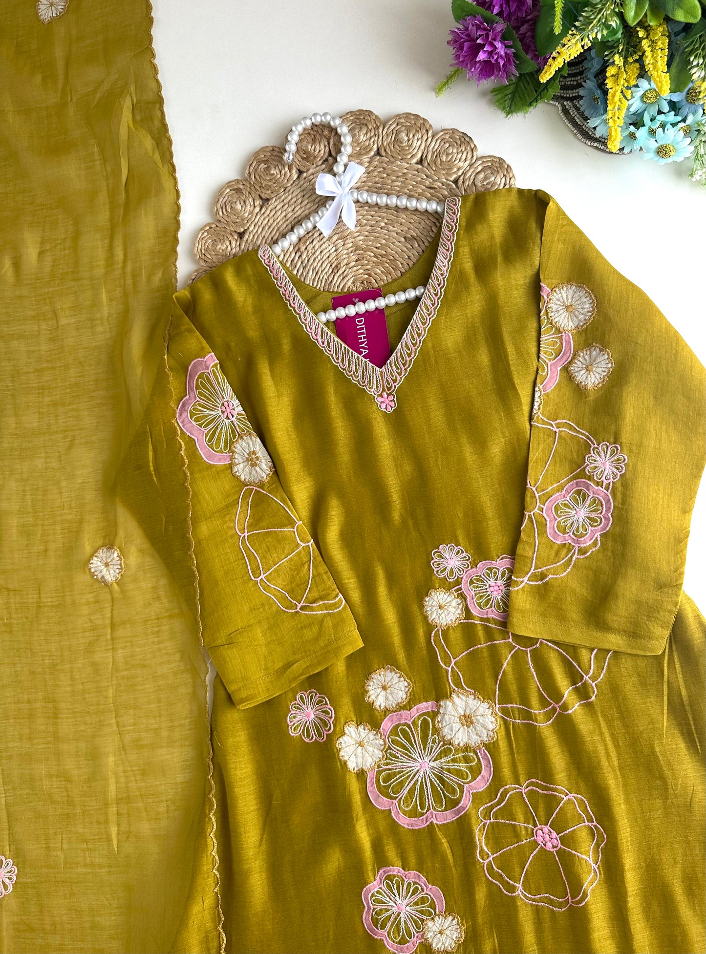 K292 - Mul Chanderi Appliqué work Aline Kurti with pants and dupatta