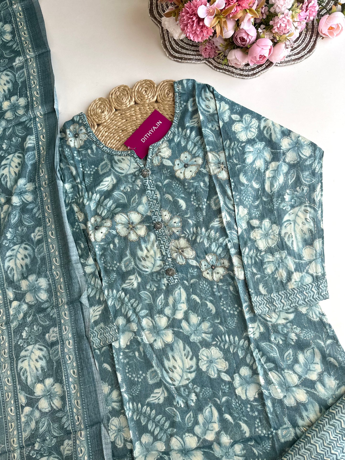 K054 - Cotton muslin floral straight Kurti with pants and dupatta