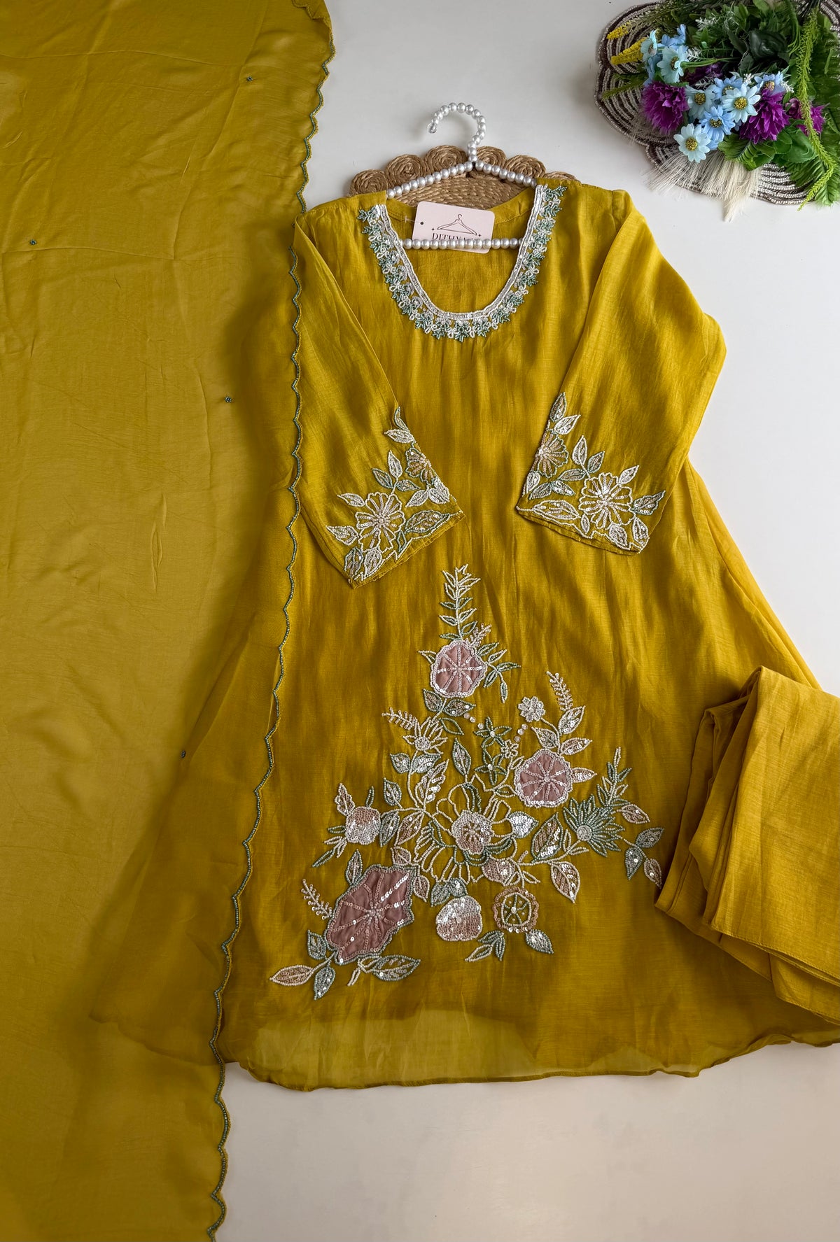 K466 - Mul chanderi handwork short Kurti with palazzo and dupatta