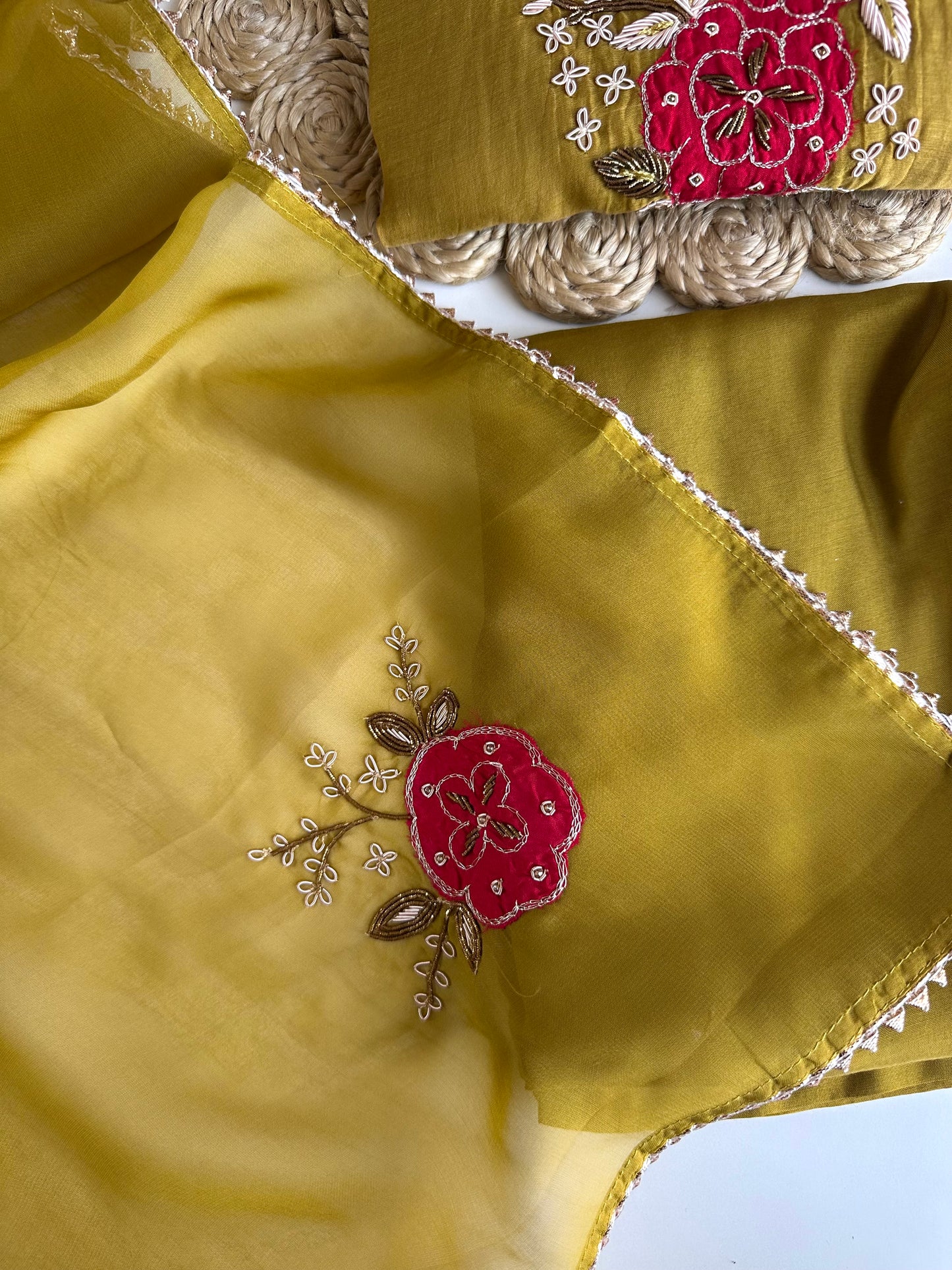 K167 - Pure mul Chanderi handwork Aline Kurti with pants and dupatta