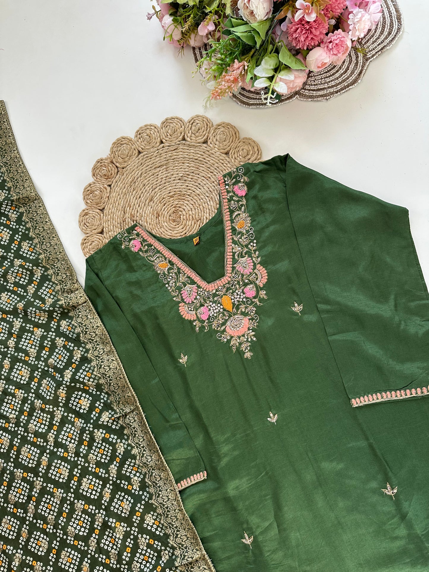 K171 - Russian silk handwork Straight kurti with pants and dupatta